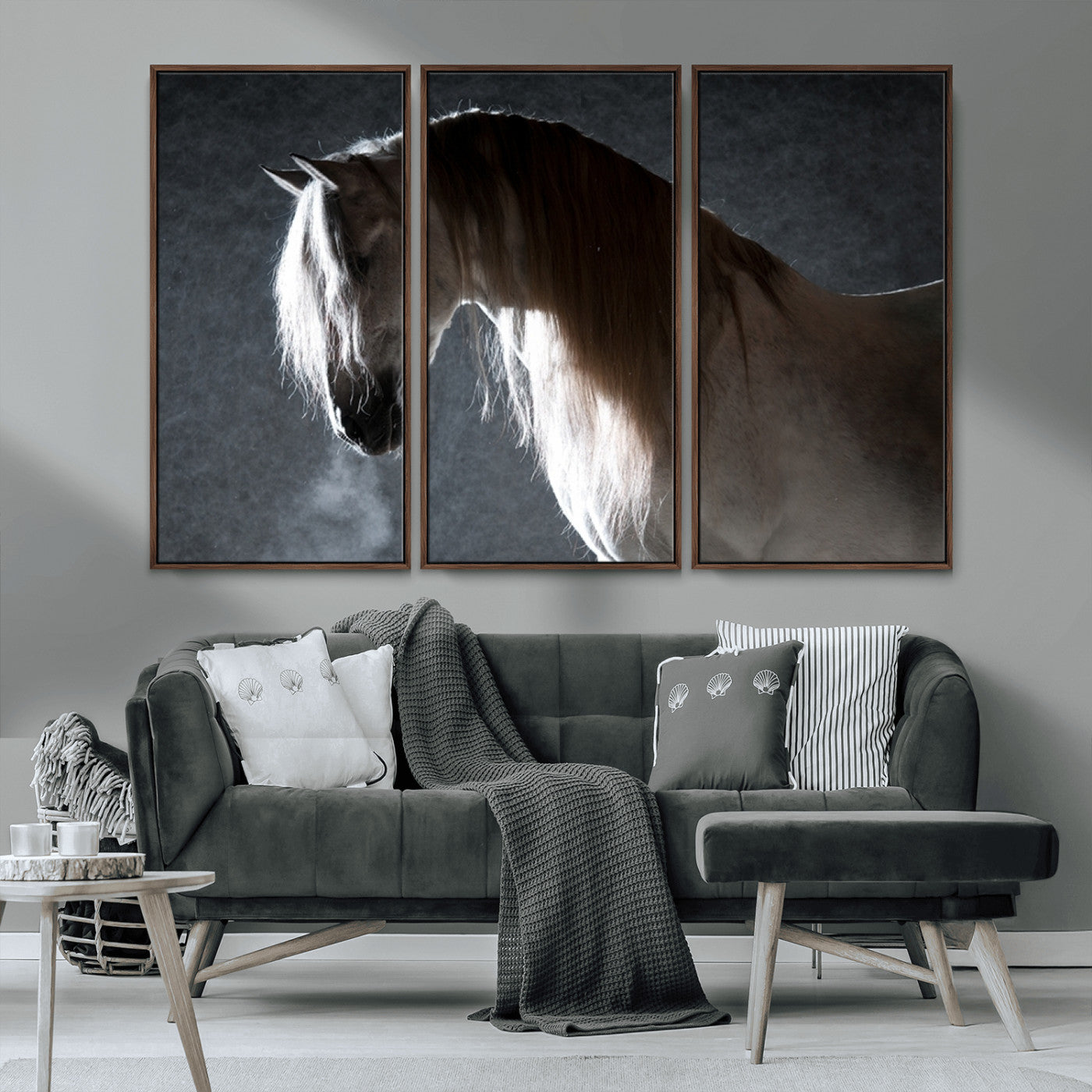 MGV-FC-48X32-3P - Large Wall Art Cream Colored Horse on Grey Background Canvas Print