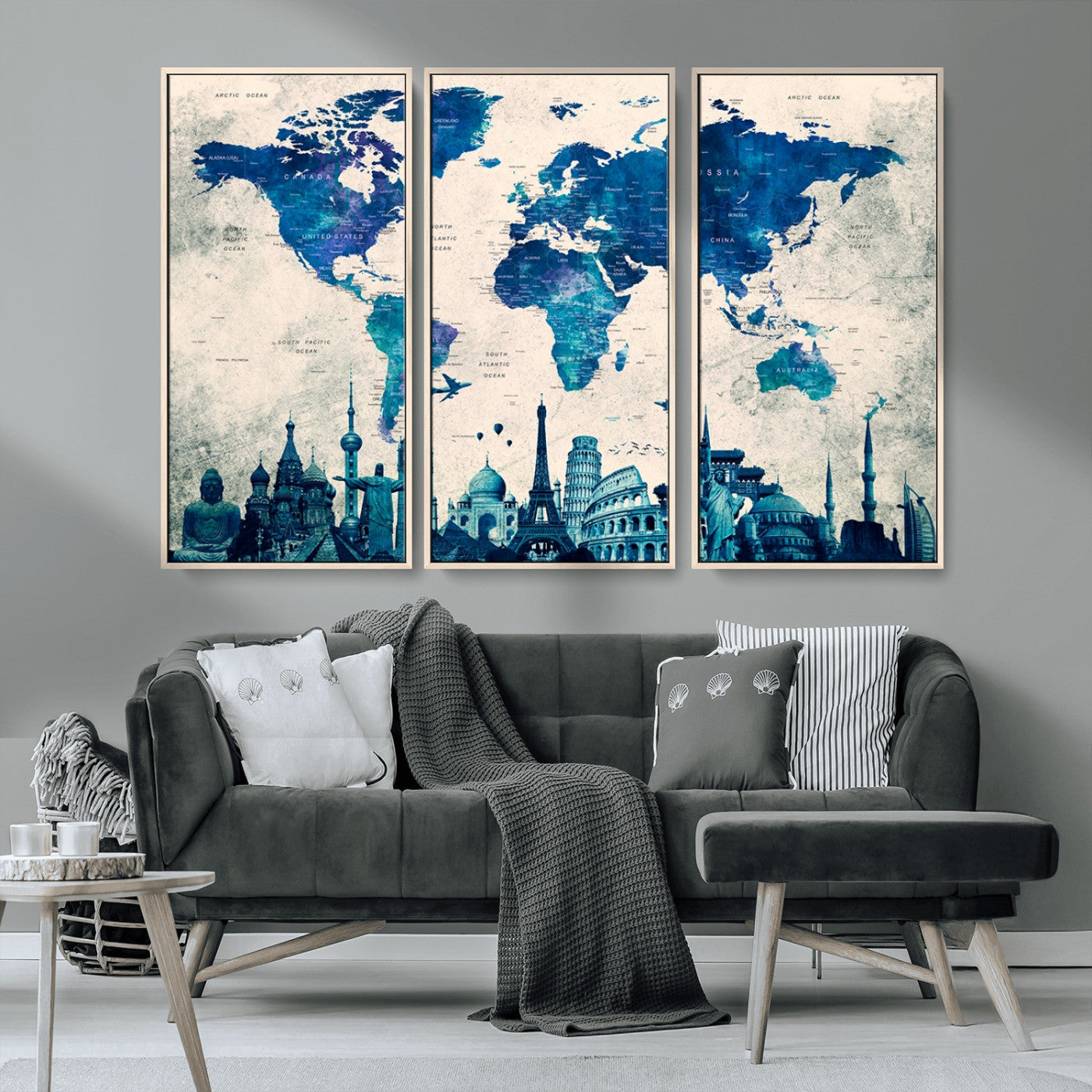 MGV-FC-48X32-3P - Navy Blue World Map Canvas Print, Wonder of World Map Push Pin Canvas Print