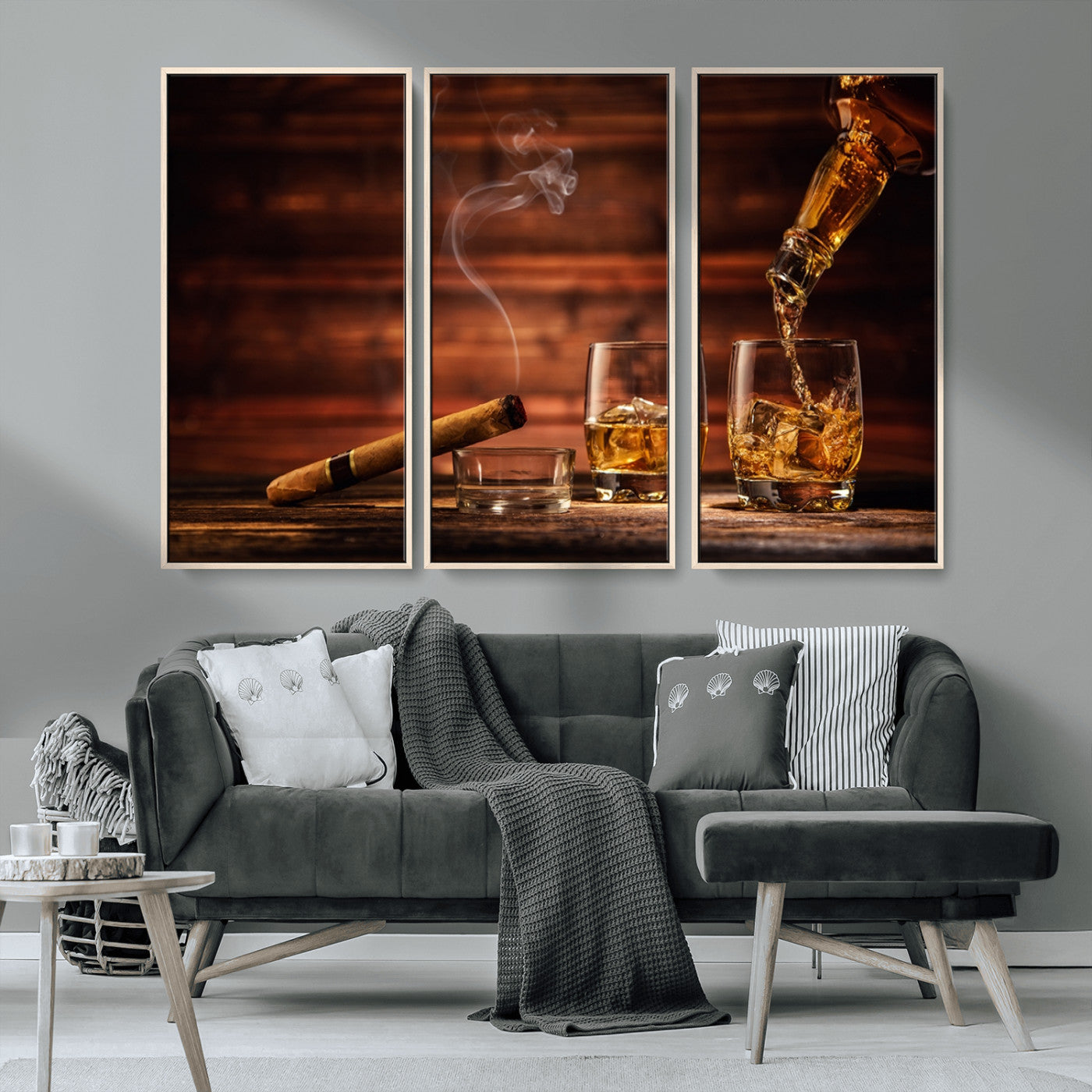 MGV-FC-48X32-3P - Whiskey and Cigar Wall Art Canvas | 3 Panel Bar Room Decor for Home Lounge, Office, or Man Cave |