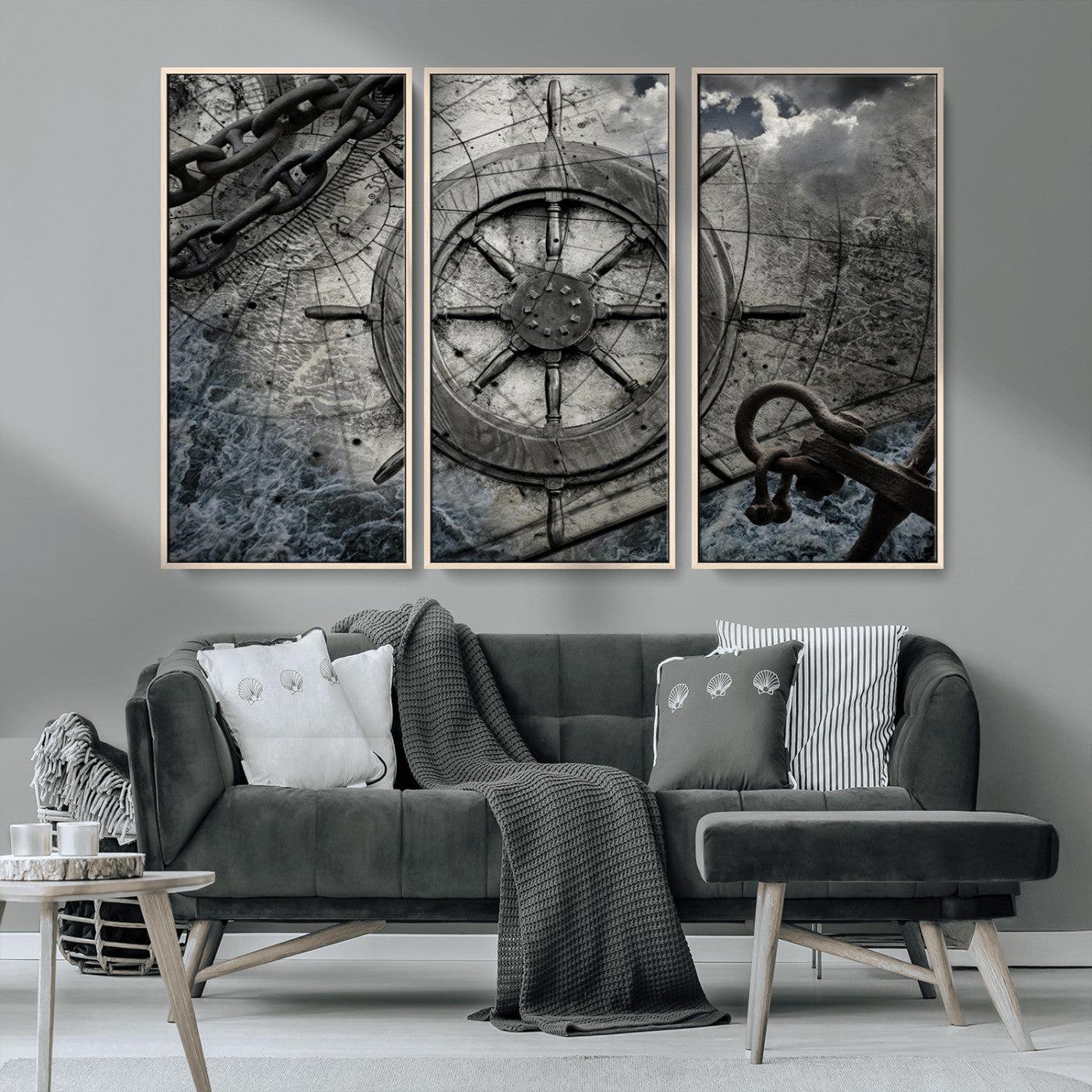 MGV-FC-48X32-3P - Ship Steering Wheel Vintage Wall Art Canvas Print