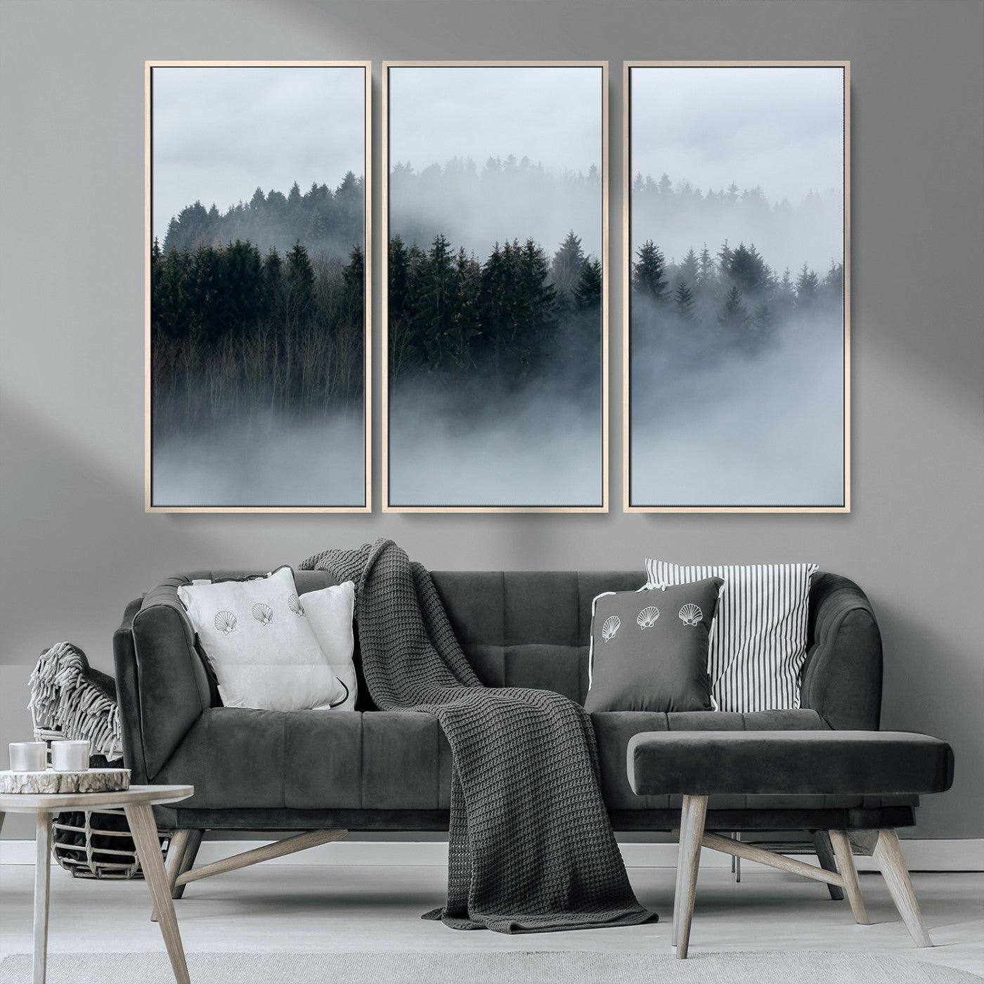 MGV-FC-48X32-3P - Autumn and Misty Trees in the Forest Wall Art Canvas Print, Foggy Forest Mountain Wall Art Canvas
