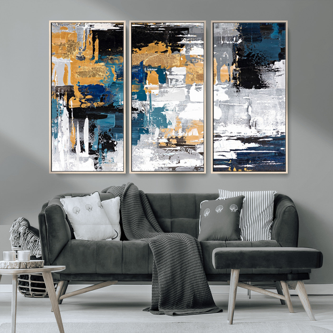 57708-MGV-CV-36X24-Blue and Gold Abstract Canvas Wall Art – Triptych Modern Painting for Living Room – Framed and Ready to Hang