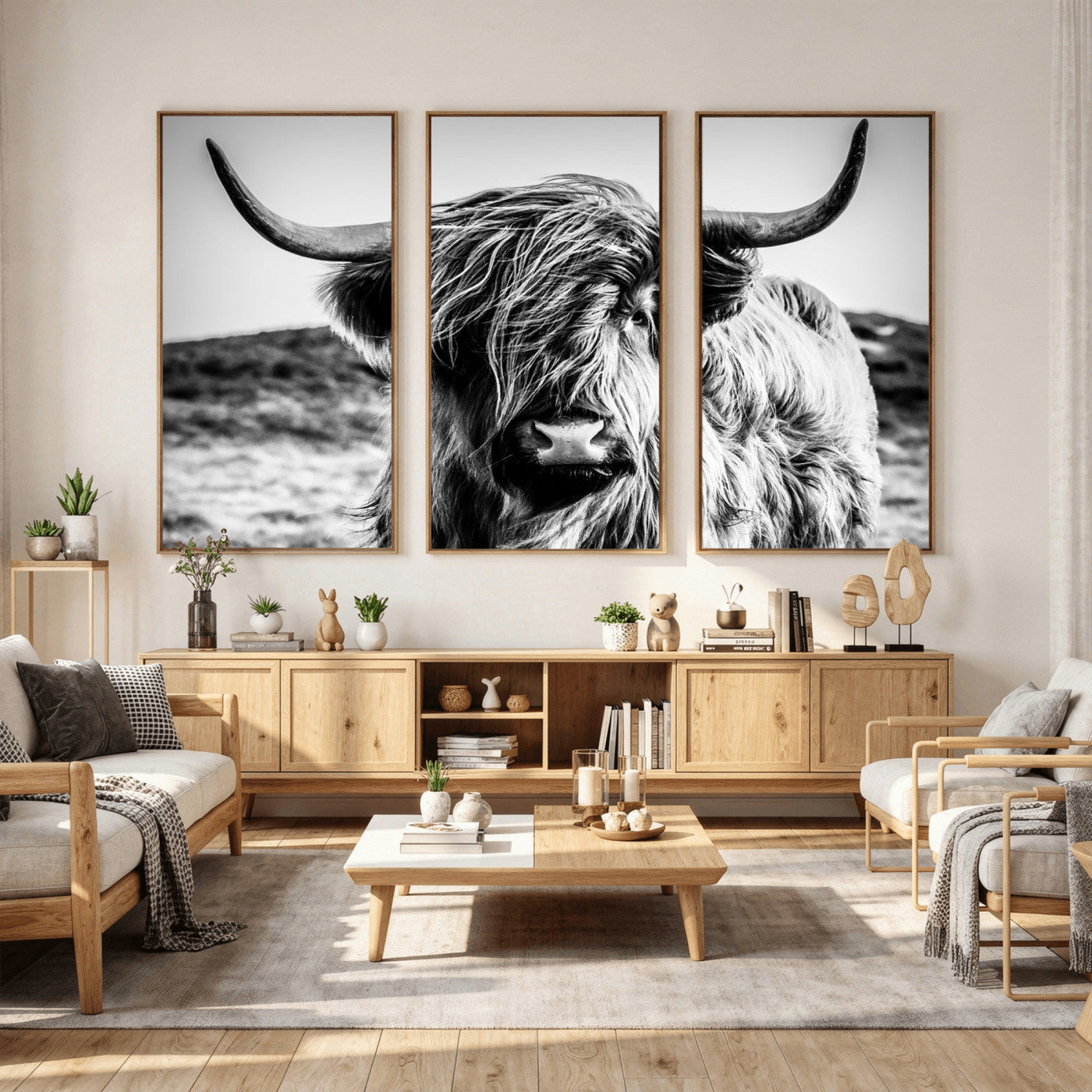 36979-MGV-CV-36X24 - Handsome Scottish Cow Black and White Wall Decor Canvas Art Print Extra Large Wall Art Highland Cattle Canvas Picture Animal Art Nature Photography High Quality Original Canvas Framed Ready to Hang