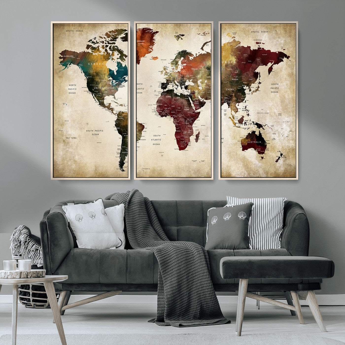 MGV-FC-48X32-3P - Large World Map Wall Art Canvas Print, Framed Push Pin Map Art Picture Print, Abstract Traveller Map Perfect Modern Decor Artwork