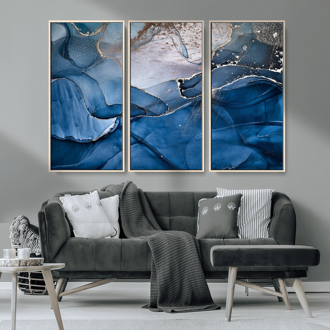 -Navy Blue Canvas Art Abstract Print – Elegant Triptych Modern Art Print – Contemporary Decor for Living Room or Office