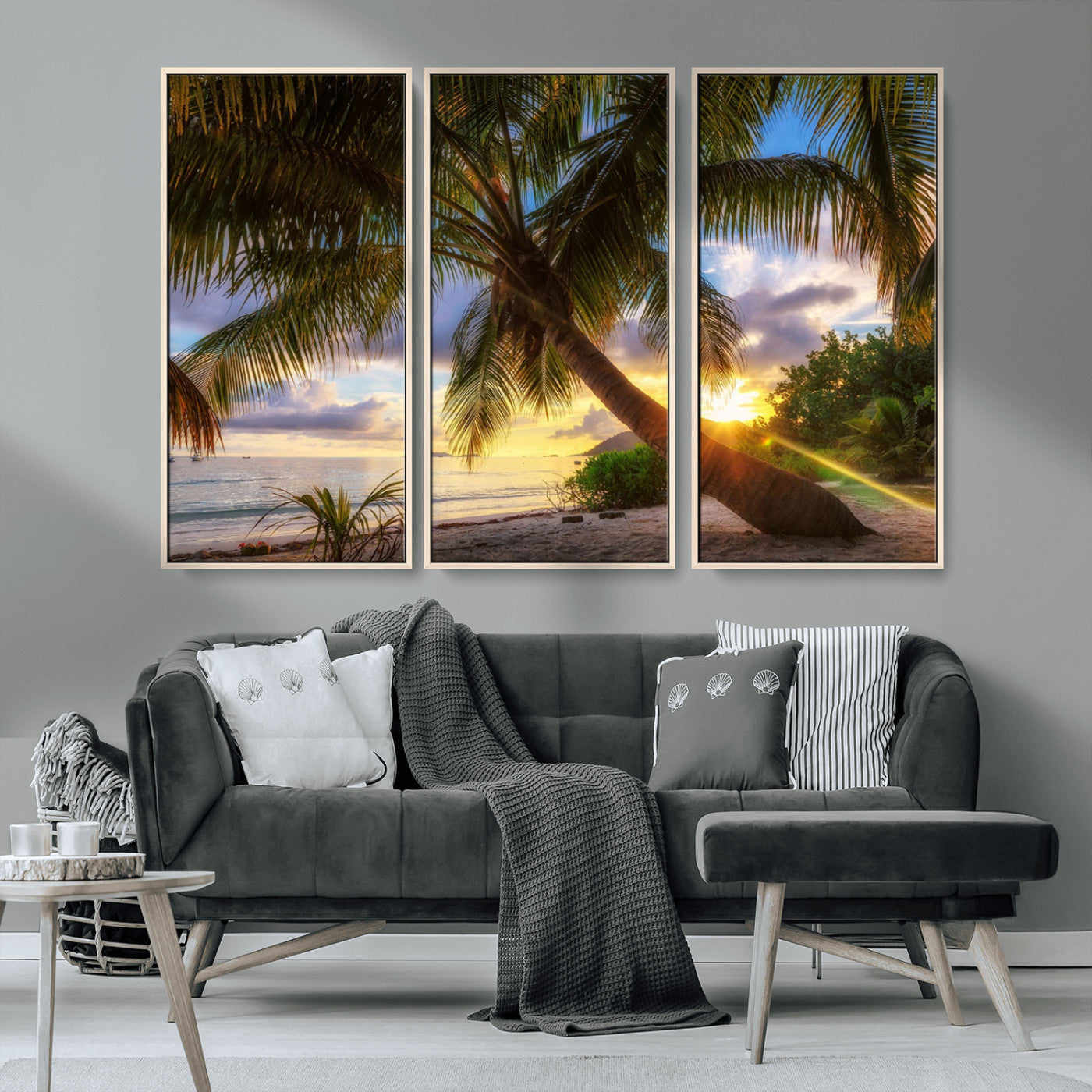 MGV-FC-48X32-3P - Tropical Island Sunset on the Beach Palms Wall Art Canvas Print