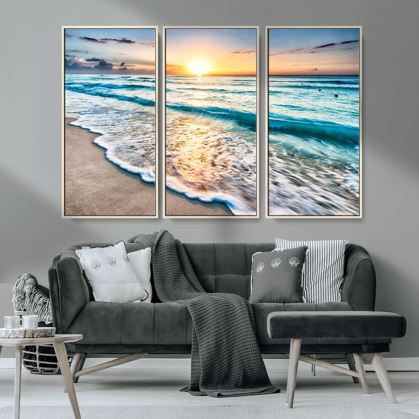 MGV-FC-48X32-3P - Sunset Beach Waves Canvas Wall Art – 5-Panel Ocean Sunset Print – Coastal Decor for Living Room or