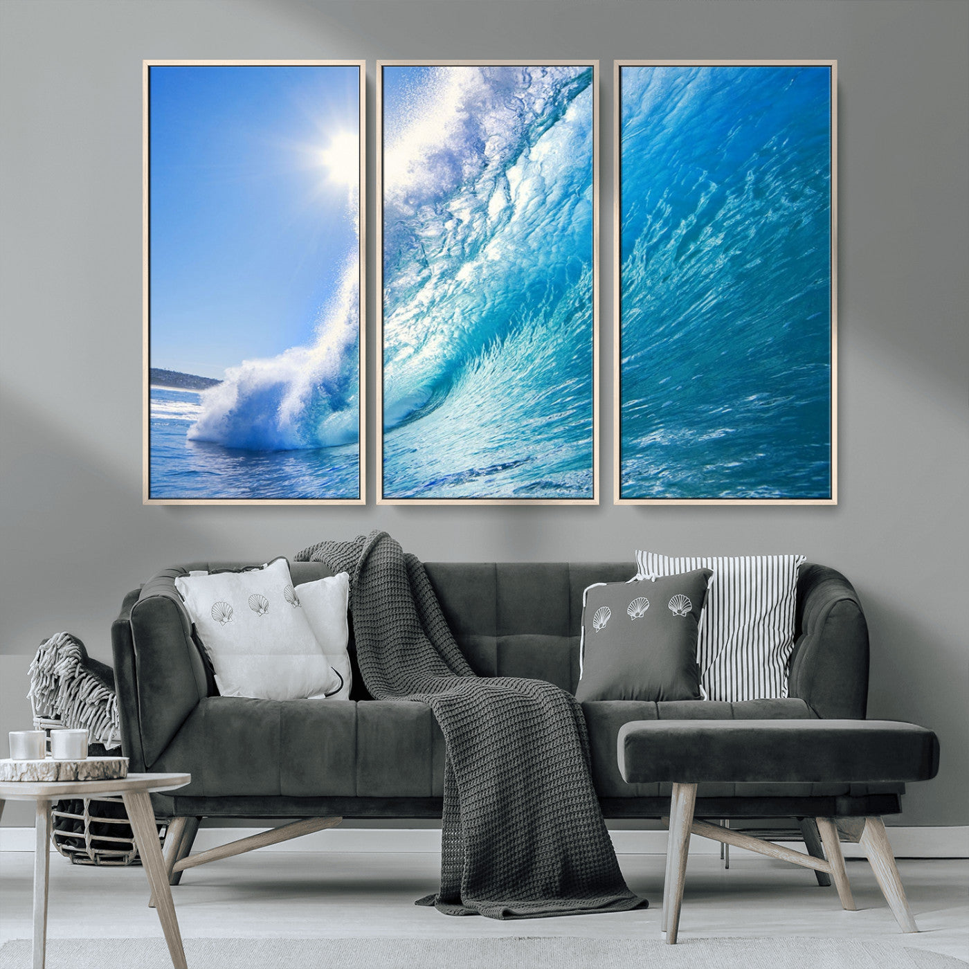 MGV-FC-48X32-3P - Blue Big Wave Surfing Ocean Canvas Wall Art Artwork Print , Surf Wall Art, Sea Wall Art