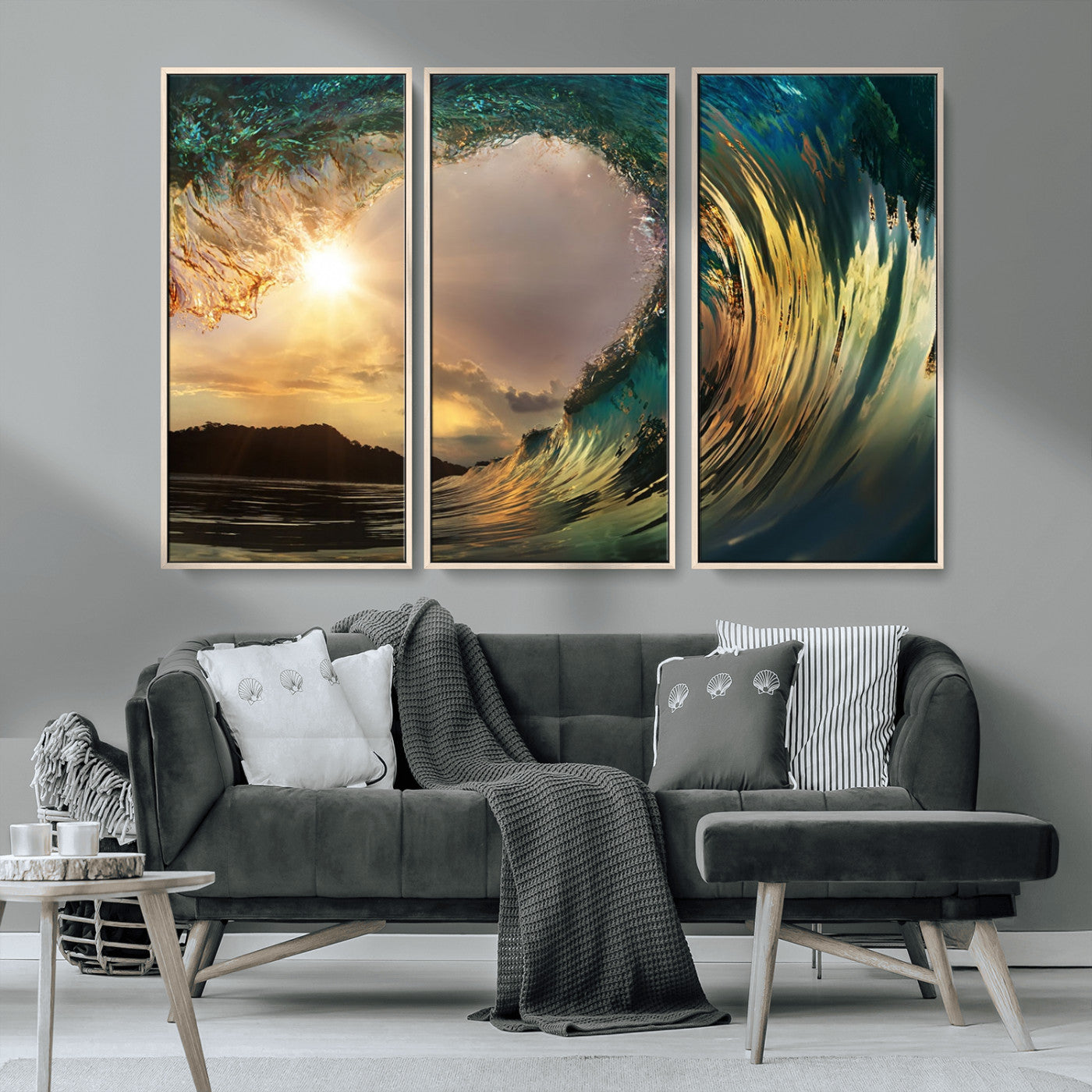 MGV-FC-48X32-3P - Golden Wave Sunset Giclee Canvas Print – Large Coastal Wall Art for Nature Lovers, Captivating Ocean Wave Decor