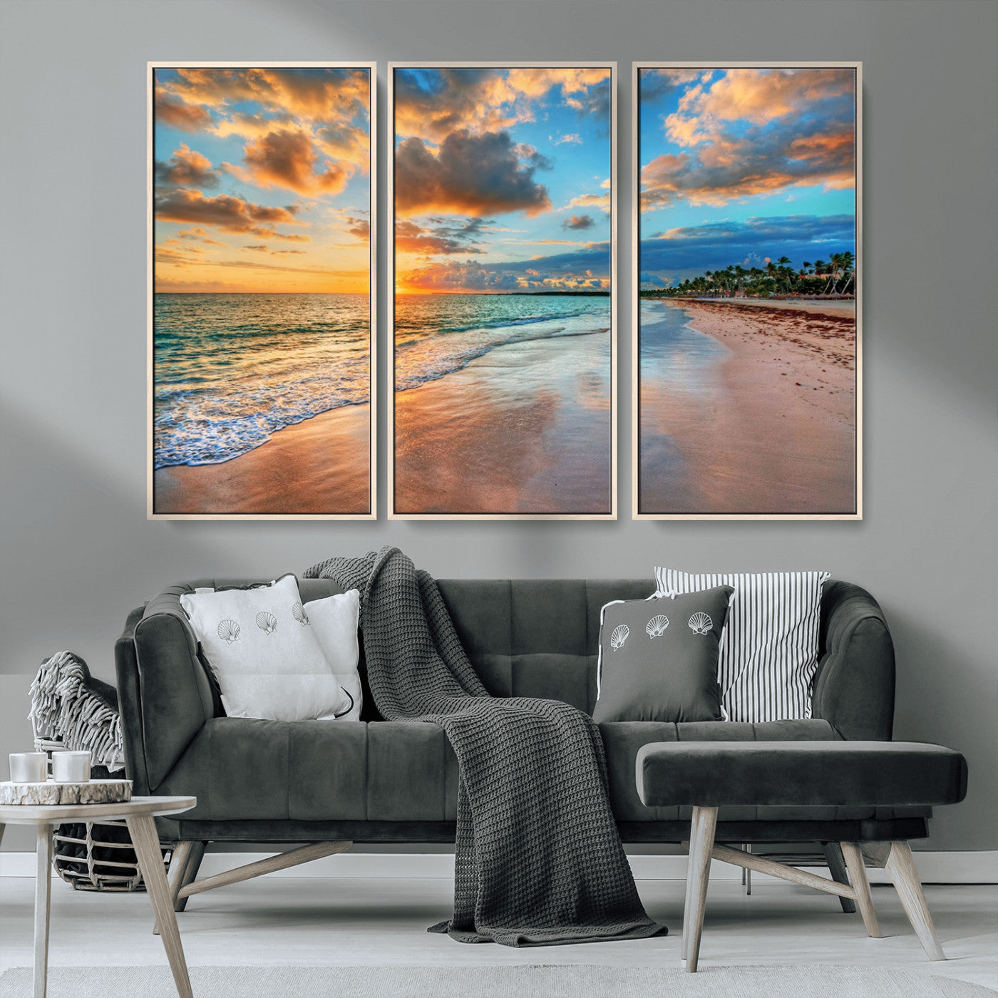 MGV-FC-48X32-3P - Sunset Ocean Waves on Tropical Beach, 3-Panel Giclee Canvas Art for Coastal Home Decor, Vibrant Palm-Lined Shore