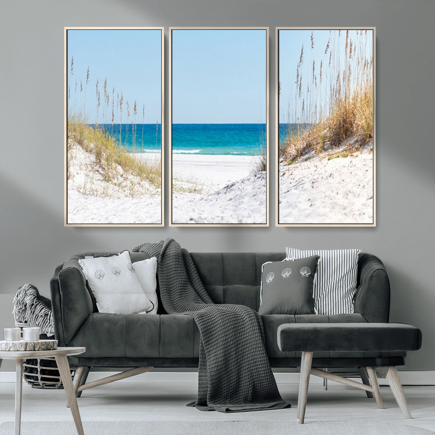 MGV-FC-48X32-3P - Serene Coastal Dune Path with Ocean View, 3-Panel Beach Canvas Wall Art, Tranquil Seascape Giclee Print, Gallery Wrap, Perfect for Coastal Home Decor