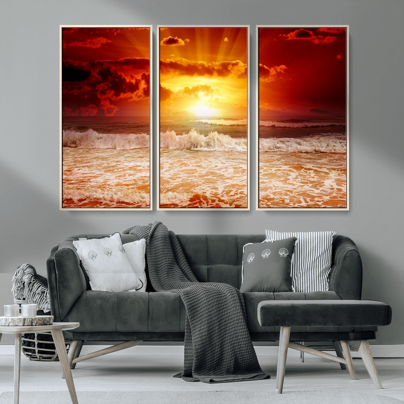 MGV-FC-48X32-3P - Red Sunset Ocean Beach Canvas Wall Art Beach Canvas, Coastal Sunset Print