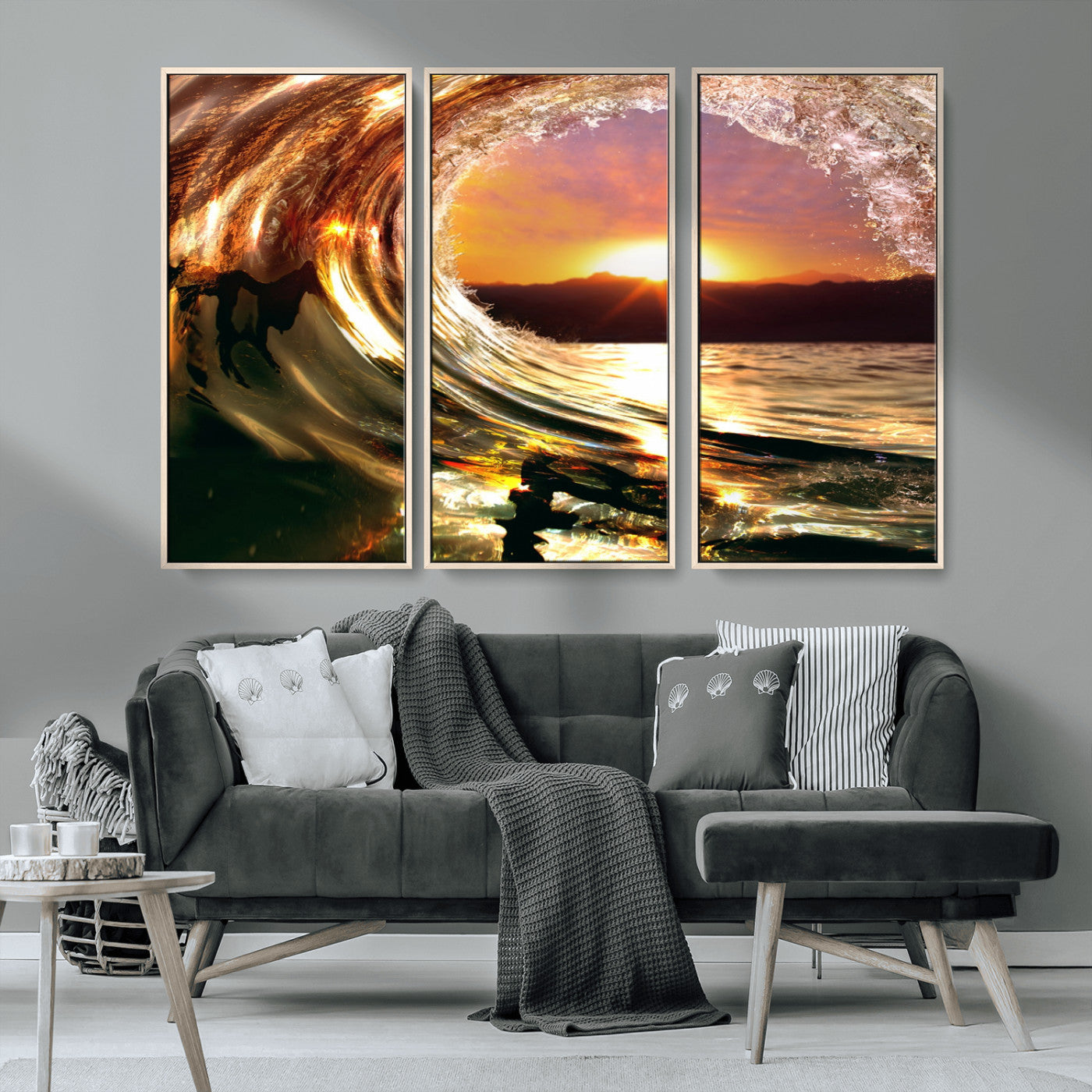 MGV-FC-48X32-3P - Golden Wave Sunset Triptych Canvas Art, Giclee Canvas Print of Ocean Wave and Sunset, Framed Ocean