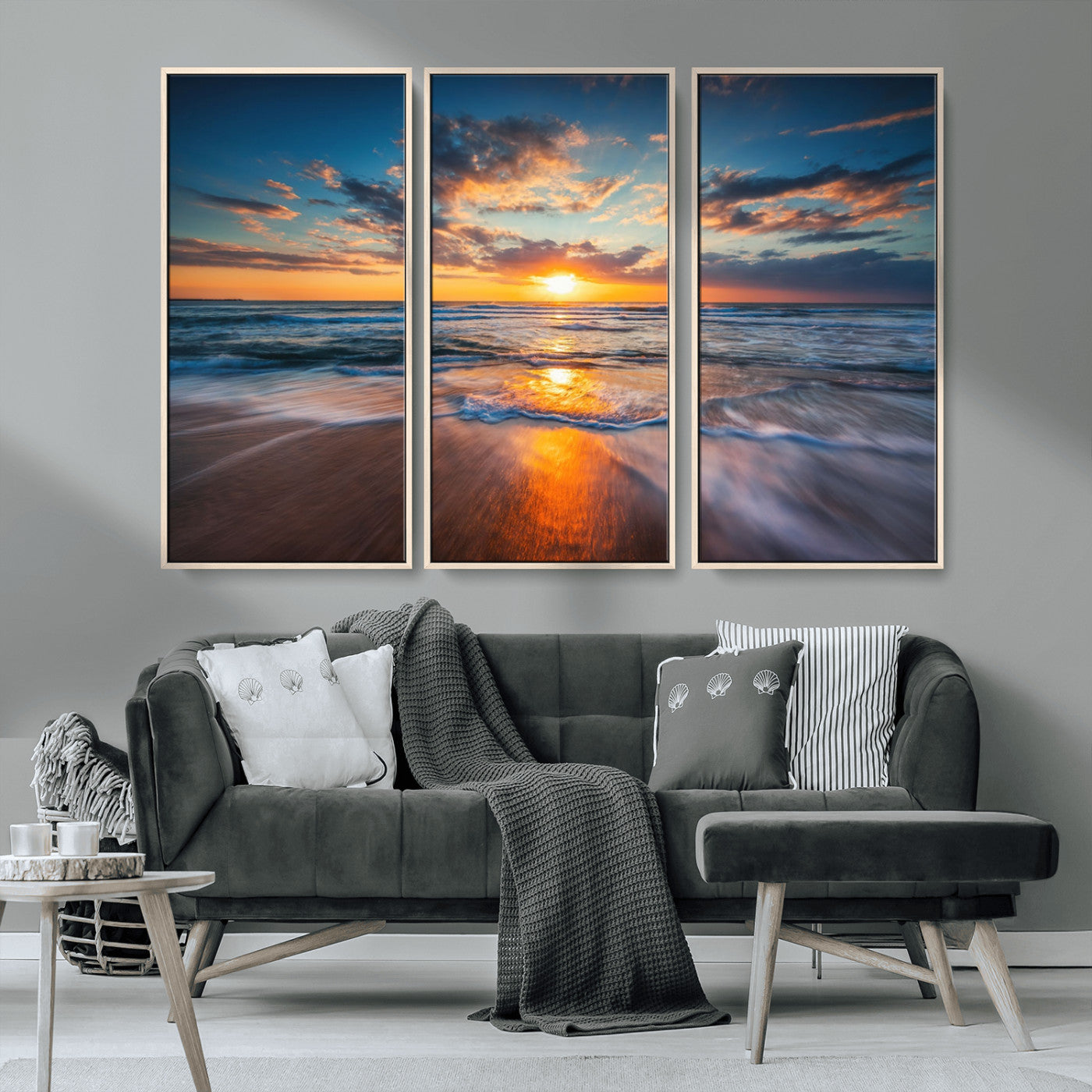 MGV-FC-48X32-3P - Sunset on the Ocean Beach with Waves, Reflections on Sand, Coastal Wall Art Print, Beach Wall Art,
