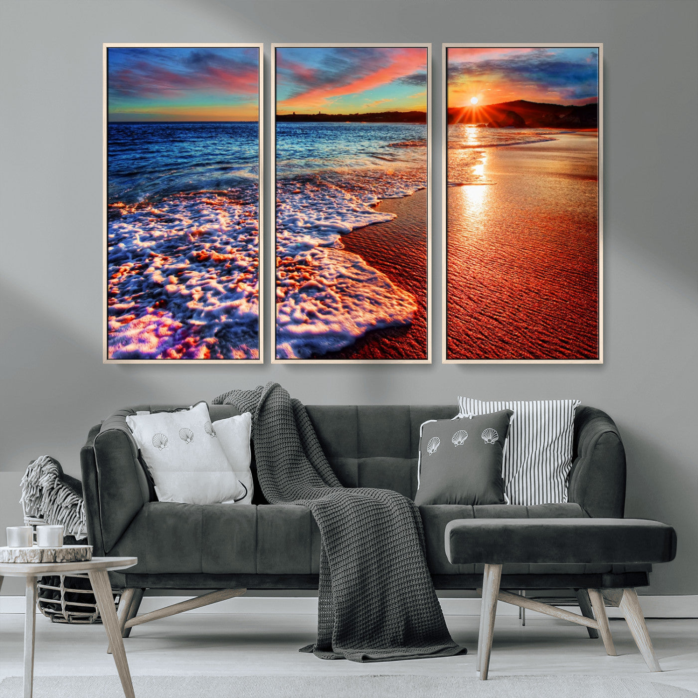 MGV-FC-48X32-3P - Colorful Coastal Sunset on the Beach Canvas Print, Ocean Waves Crashing at Dusk, Multi-Panel Seascape Vibrant Coastal Wall Art Canvas Print