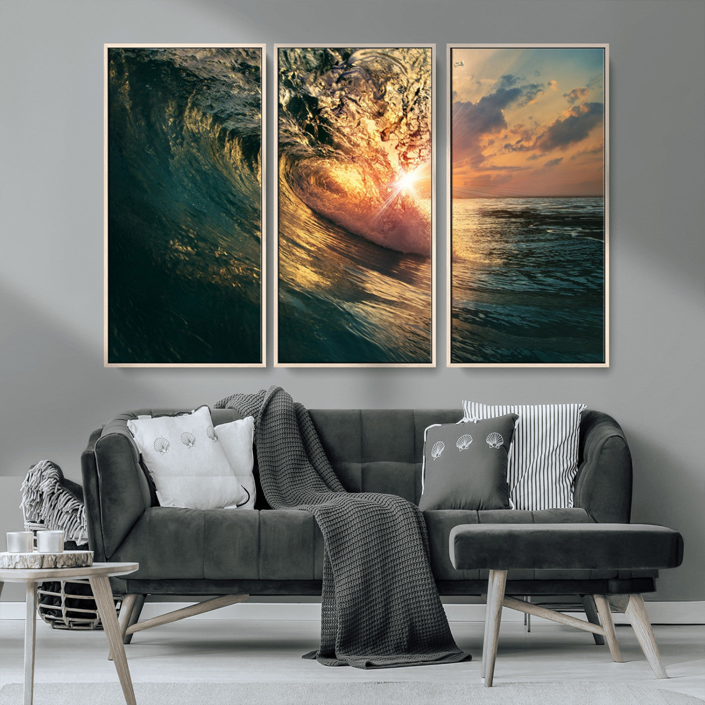 MGV-FC-48X32-3P - Ocean Wave Sunset Canvas Wall Art – Triptych Seascape Print – Framed and Ready to Hang for Living Room or Office