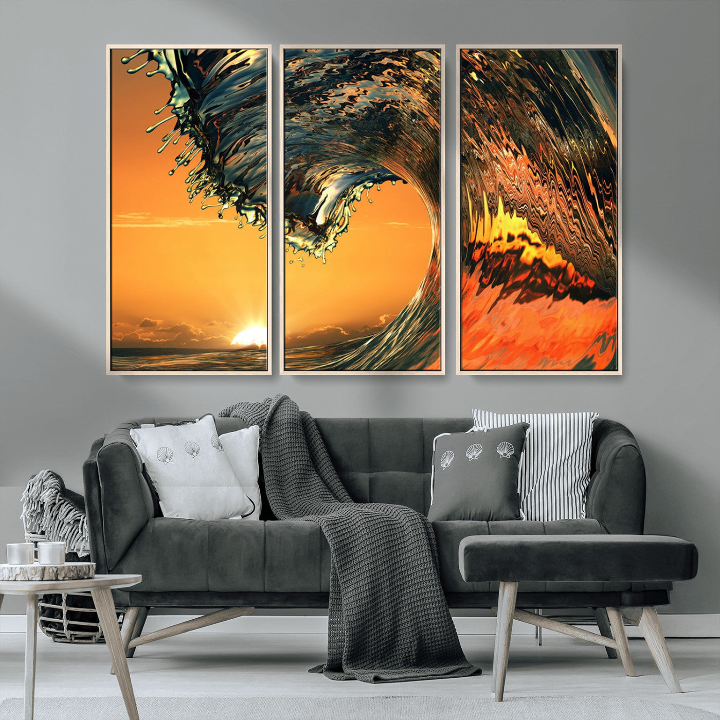 -Surf Wave Sunset Canvas Wall Art Print, 3-Panel Ocean Coastal Wall Art Print, Ocean Decor for