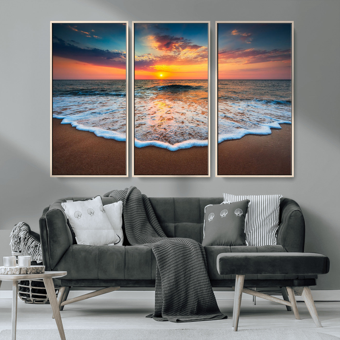 MGV-FC-48X32-3P - Sunset Beach Canvas Wall Art – Colorful Ocean Waves Triptych – Coastal Decor for Living Room or Bedroom – Framed and Ready to Hang