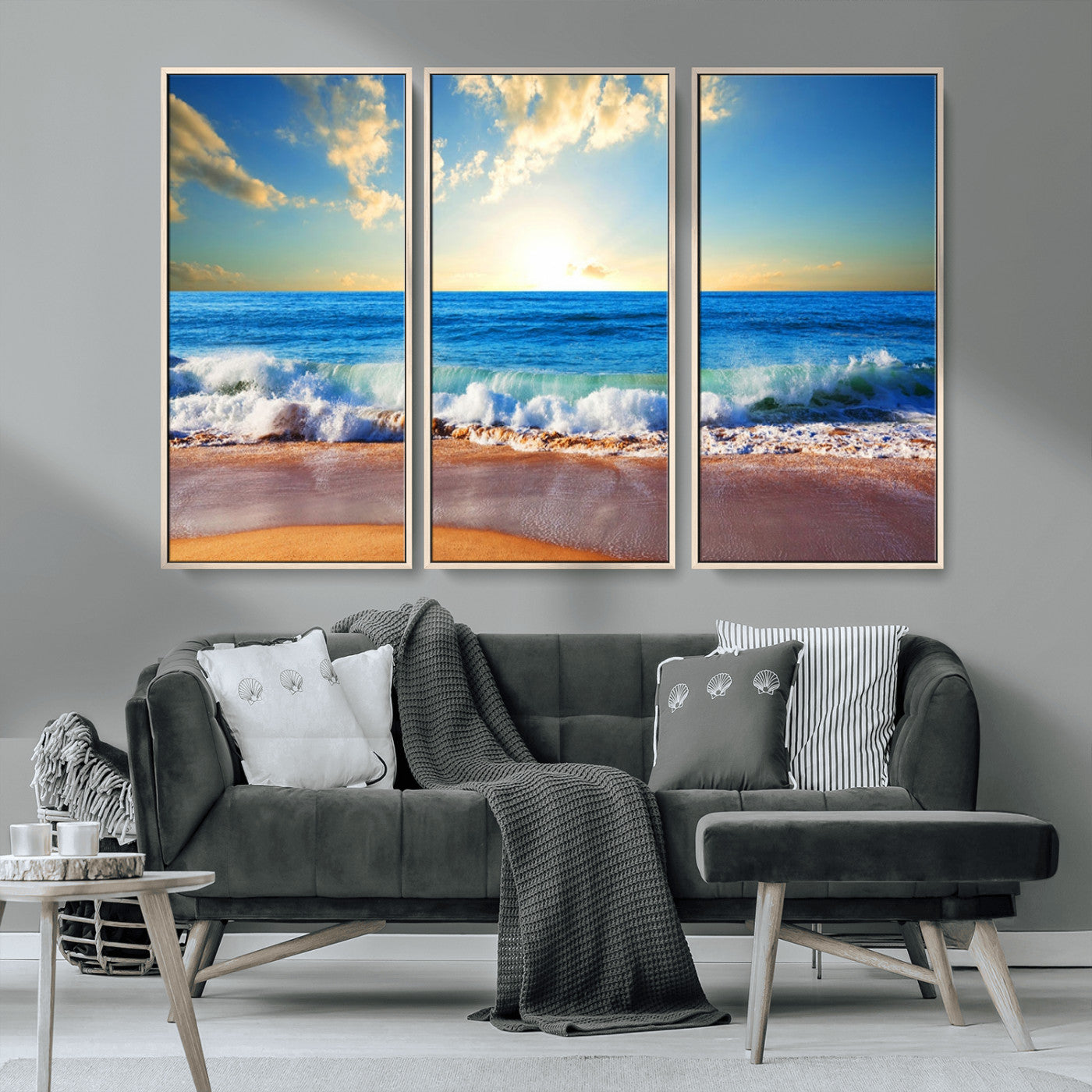 MGV-FC-48X32-3P - Tropical Beach Sunset Canvas Art, Ocean Waves and Sandy Shoreline Wall Art, Large Beach Decor for Coastal Homes