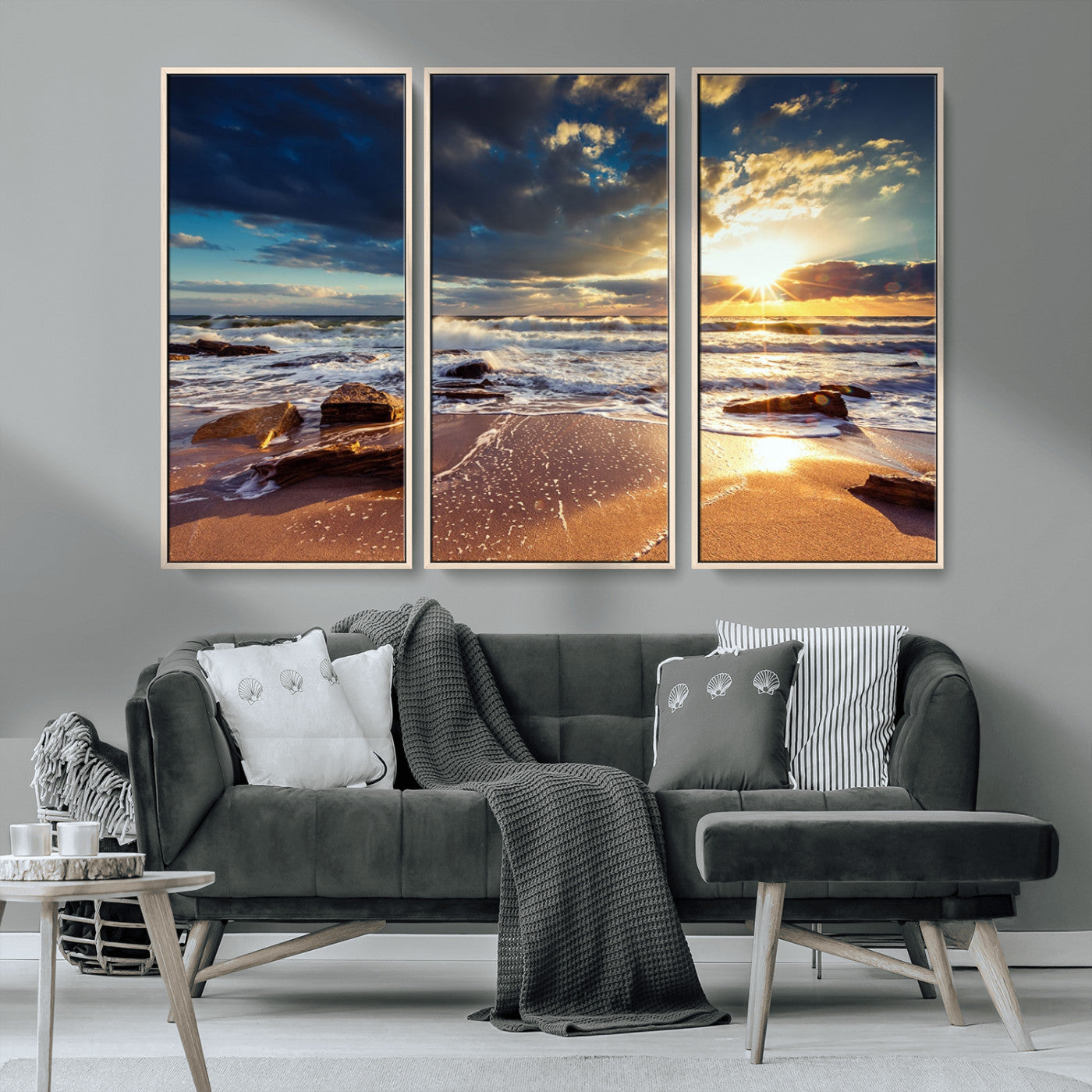 MGV-FC-48X32-3P - Golden Hour Beach Sunset Canvas Triptych, Ocean Waves and Rocks Wall Art for Coastal Home Decor