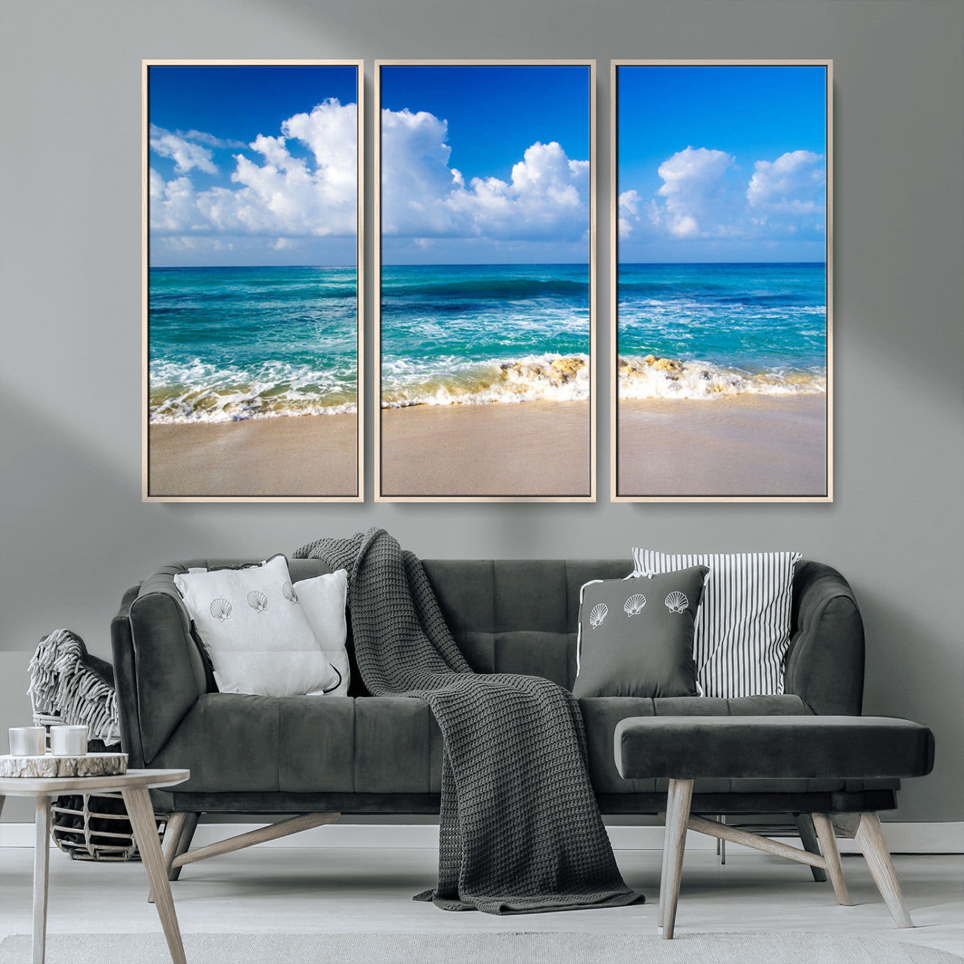 MGV-FC-48X32-3P - Tropical Beach 3-Panel Canvas Wall Art – Serene Ocean Waves and Blue Sky – Giclée Print for Living Room, Office, or Bedroom Coastal Decor