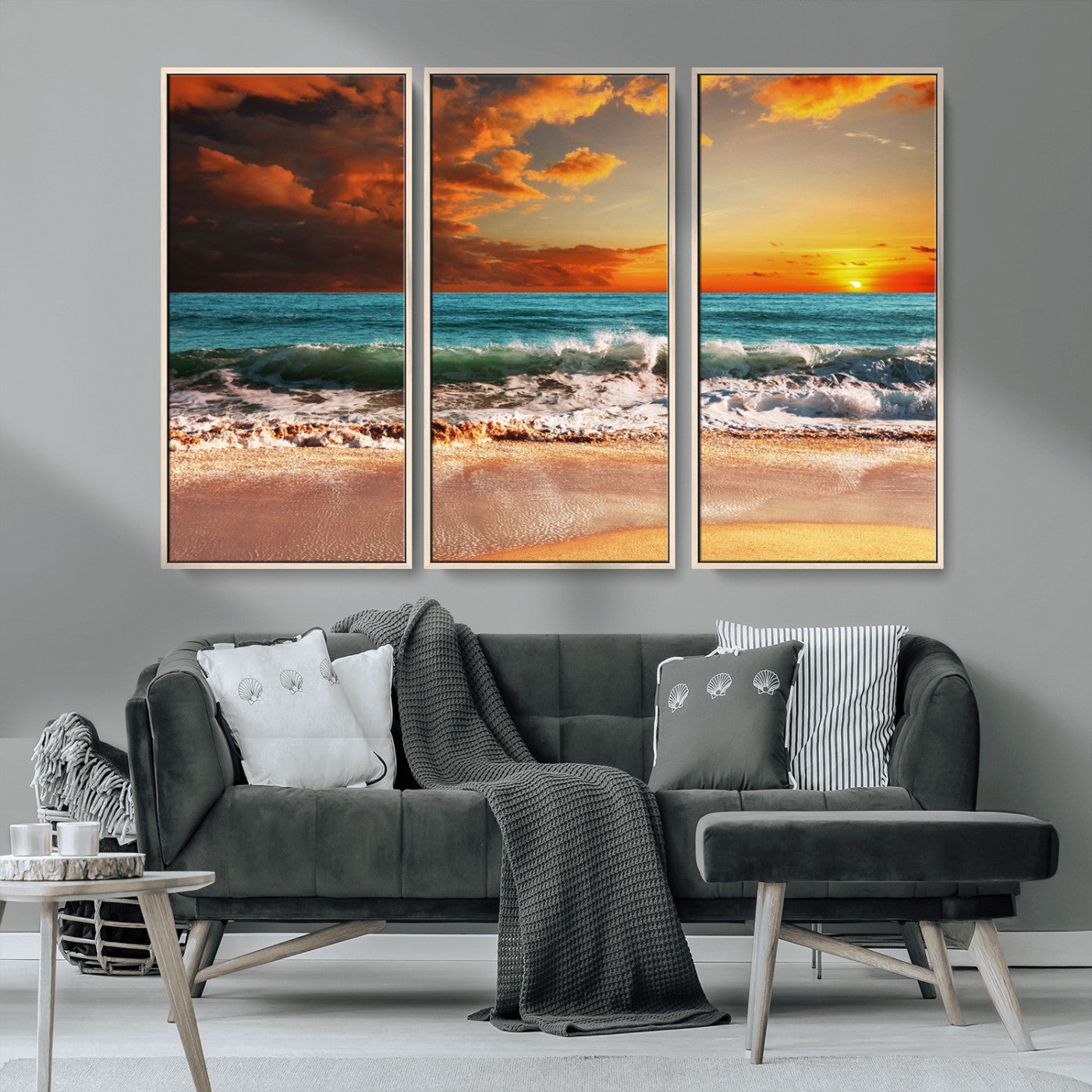 MGV-FC-48X32-3P - Golden Sunset Beach Canvas Wall Art – Triptych Seascape Print – Framed and Ready to Hang for Living Room or Office