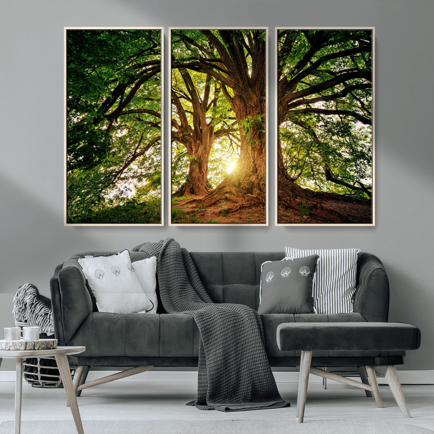 MGV-FC-48X32-3P - Majestic Ancient Tree Wall Art, Nature-Inspired Canvas Print, Woodland Art, Tree of Life Artwork, Sunlit Forest, Giclee Nature Print