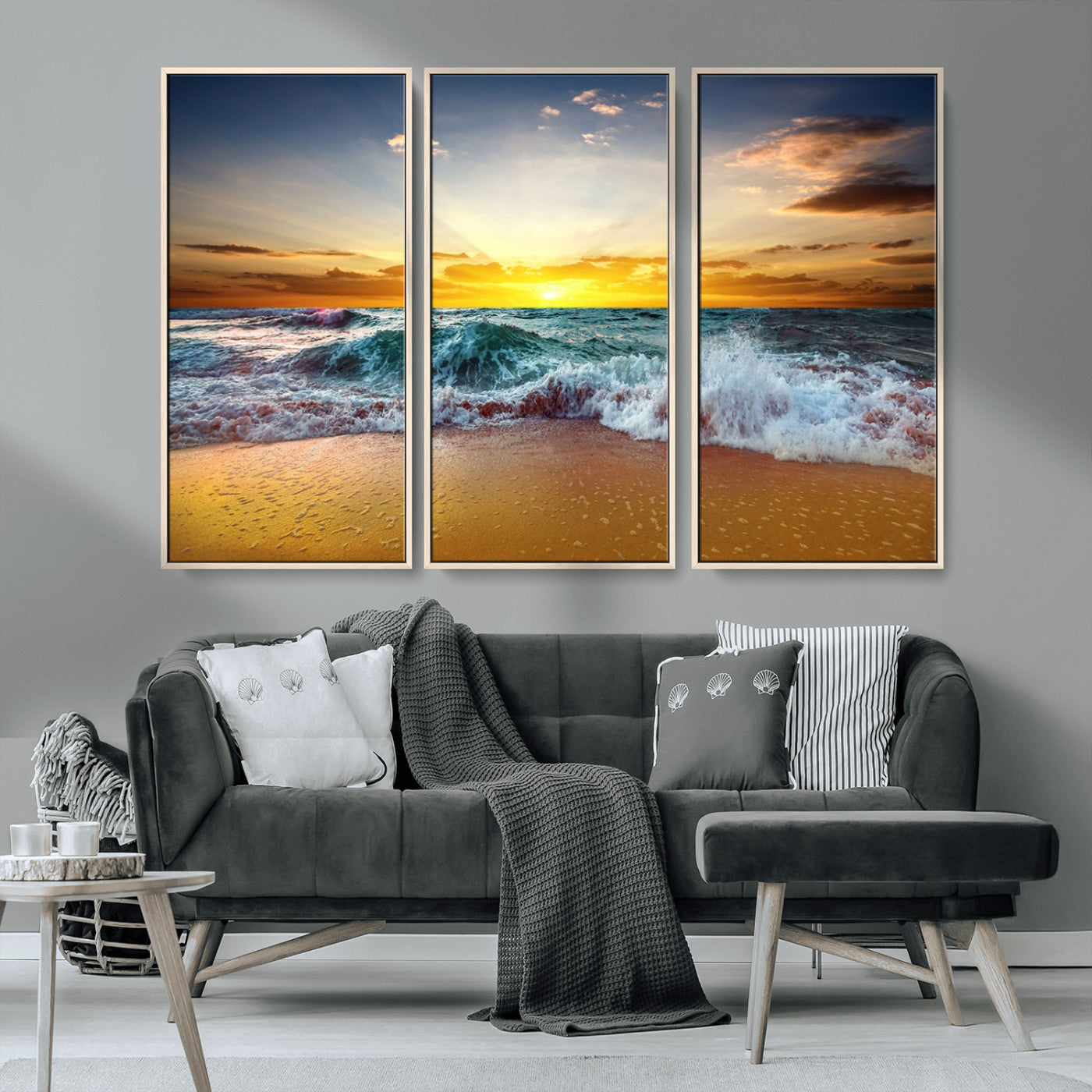MGV-FC-48X32-3P - Golden Sunset Ocean Waves Wall Art Canvas Print – Multi Panel Beach Canvas Print Set – Large Coastal Triptych Print for Home or Farmhouse Decor