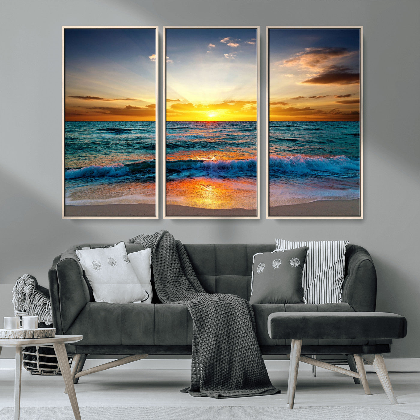 MGV-FC-48X32-3P - Vibrant Ocean Sunrise Over Golden Beach Waves, Giclee Canvas Wall Art Set, High-Quality Stretched Canvas Print, Ready to Hang Coastal Sunset Wall