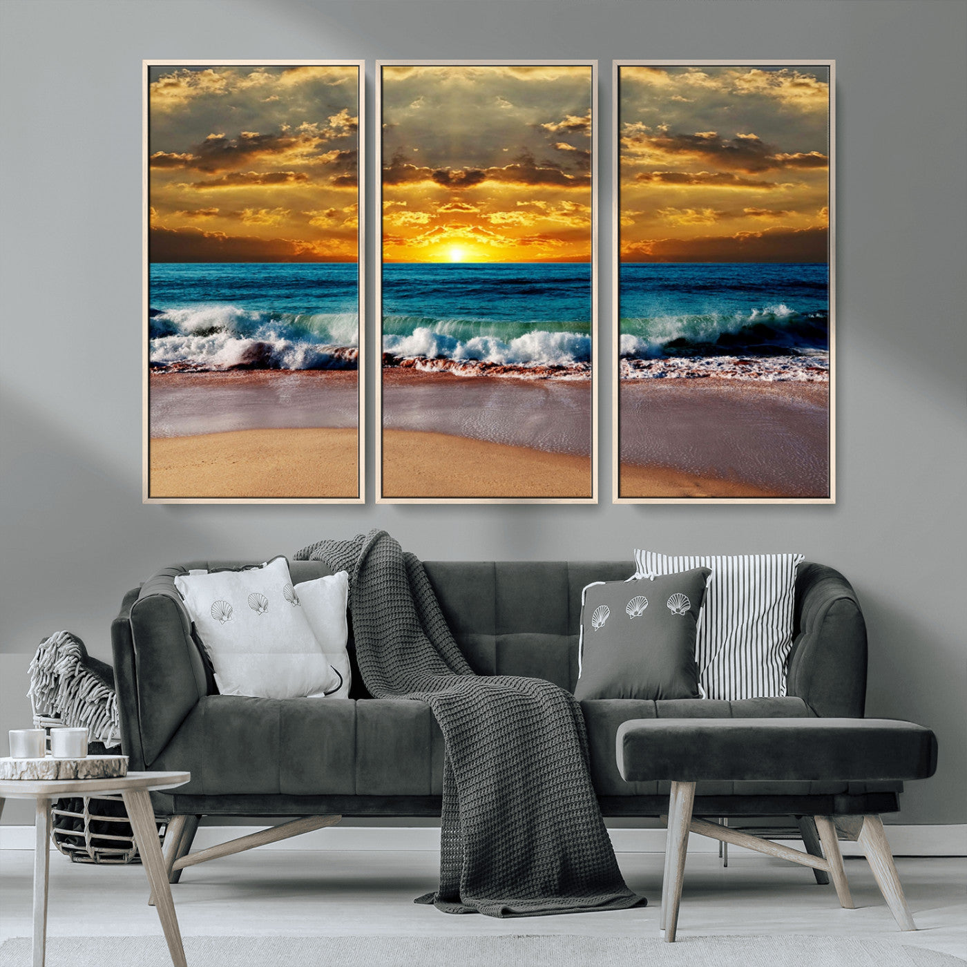 MGV-FC-48X32-3P - Ocean Sunrise Over Golden Beach Waves, Giclee Canvas Wall Art Set, High-Quality Stretched Canvas Print, Ready to Hang Coastal Sunset Wall Decor