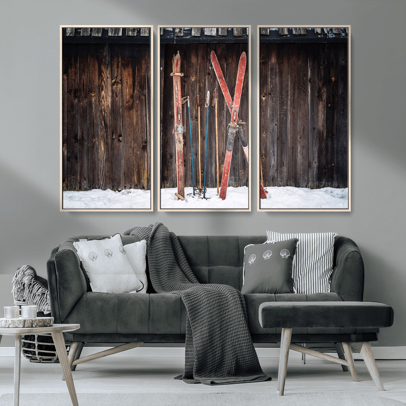 MGV-FC-48X32-3P - Vintage Ski Gear Against Wooden Cabin Wall, Rustic Winter Sports Equipment Canvas Print, Ready to Hang Wall Art, Perfect for Lodge or Ski Cabin Decor