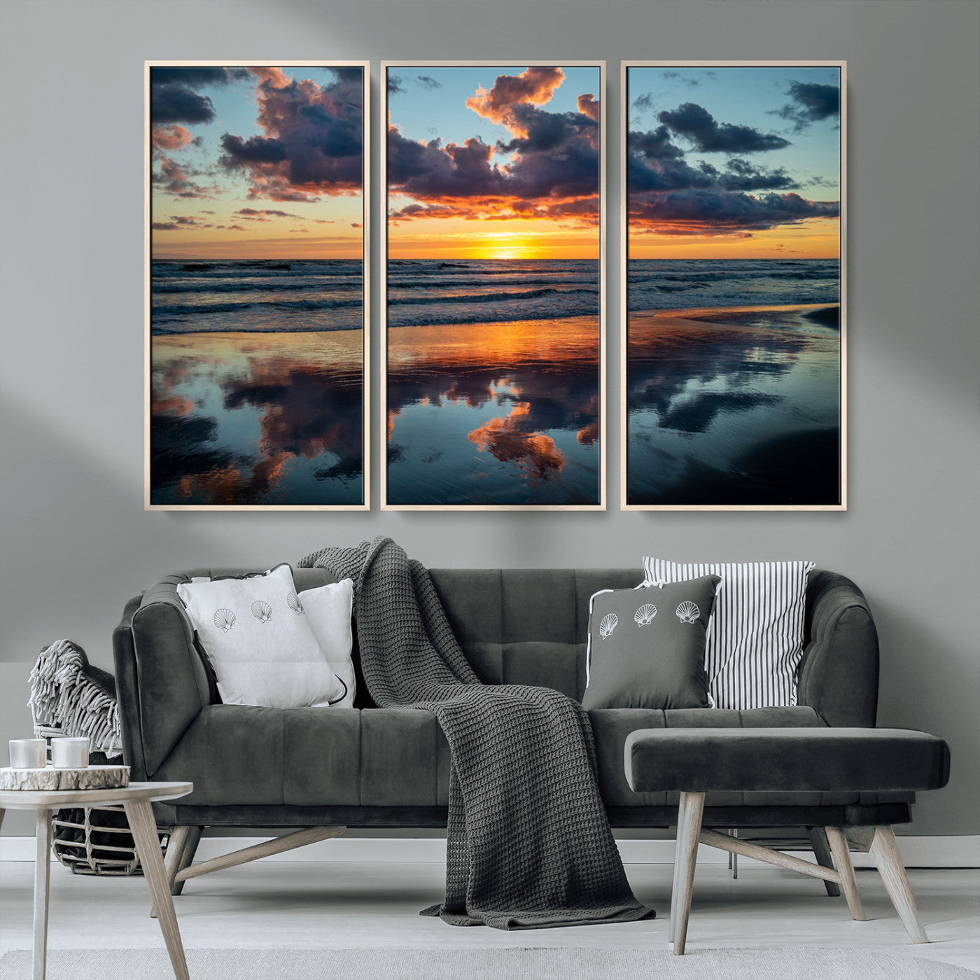 MGV-FC-48X32-3P - Beach Sunset Print - Stunning Ocean Canvas Artwork with Sunset Reflection Design for Elegant Home or
