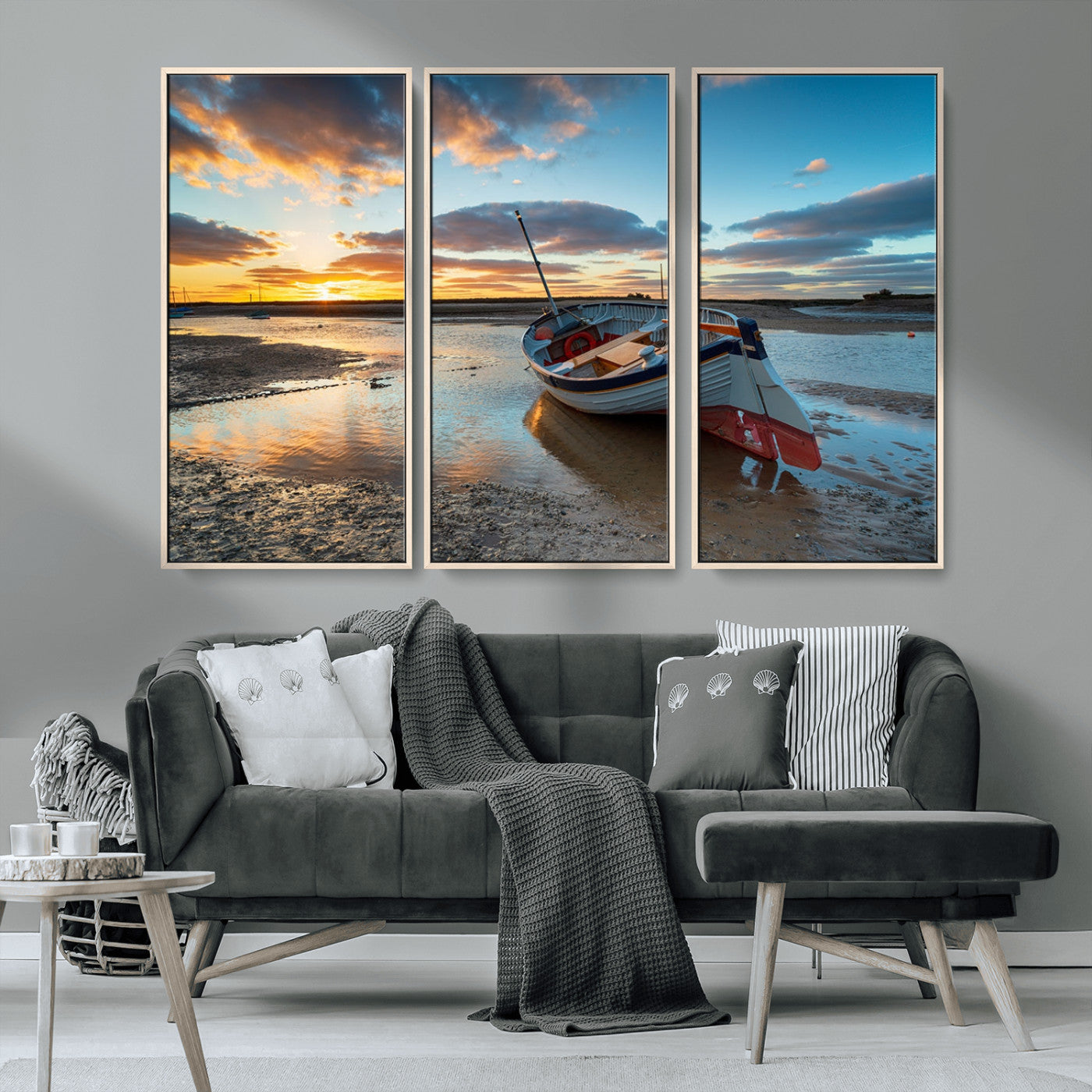 MGV-FC-48X32-3P - Small Boat At The Beach Sunset Wall Art, Boat Sunset Wall Art Canvas Print