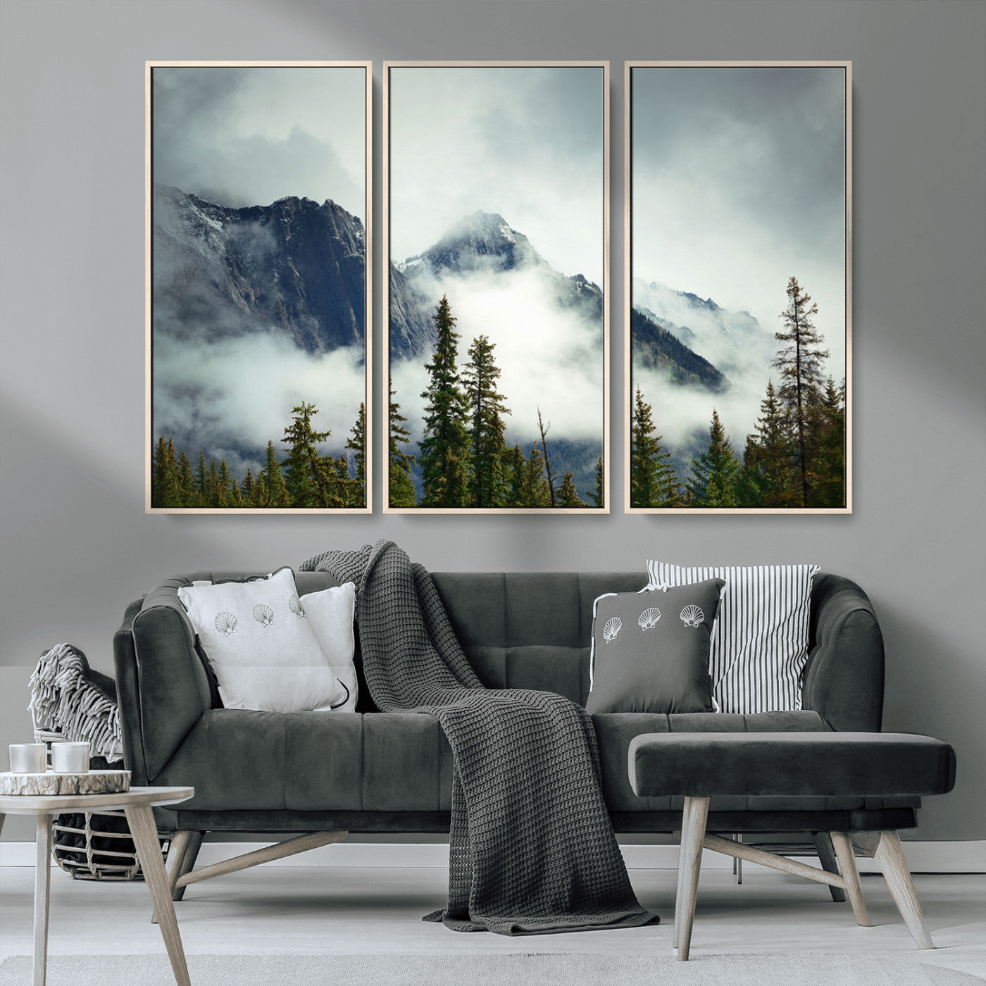 MGV-FC-48X32-3P - Mountain Mist Canvas Wall Art | 3-Panel Foggy Forest and Mountain Landscape | Large Giclee Print for Living Room, Office, or Cabin, Farmhouse Decor
