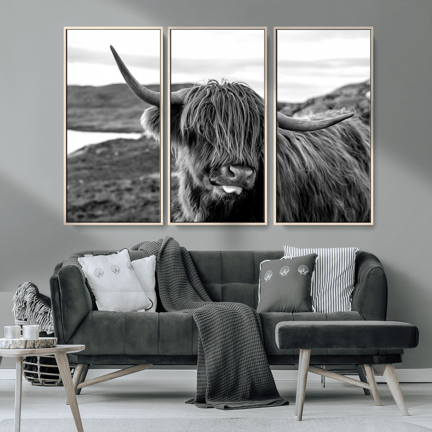 MGV-FC-48X32-3P - Highland Cow Canvas Wall Art – Black and White Animal Portrait – Framed and Ready to Hang Rustic Farmhouse Decor for Living Room or Office