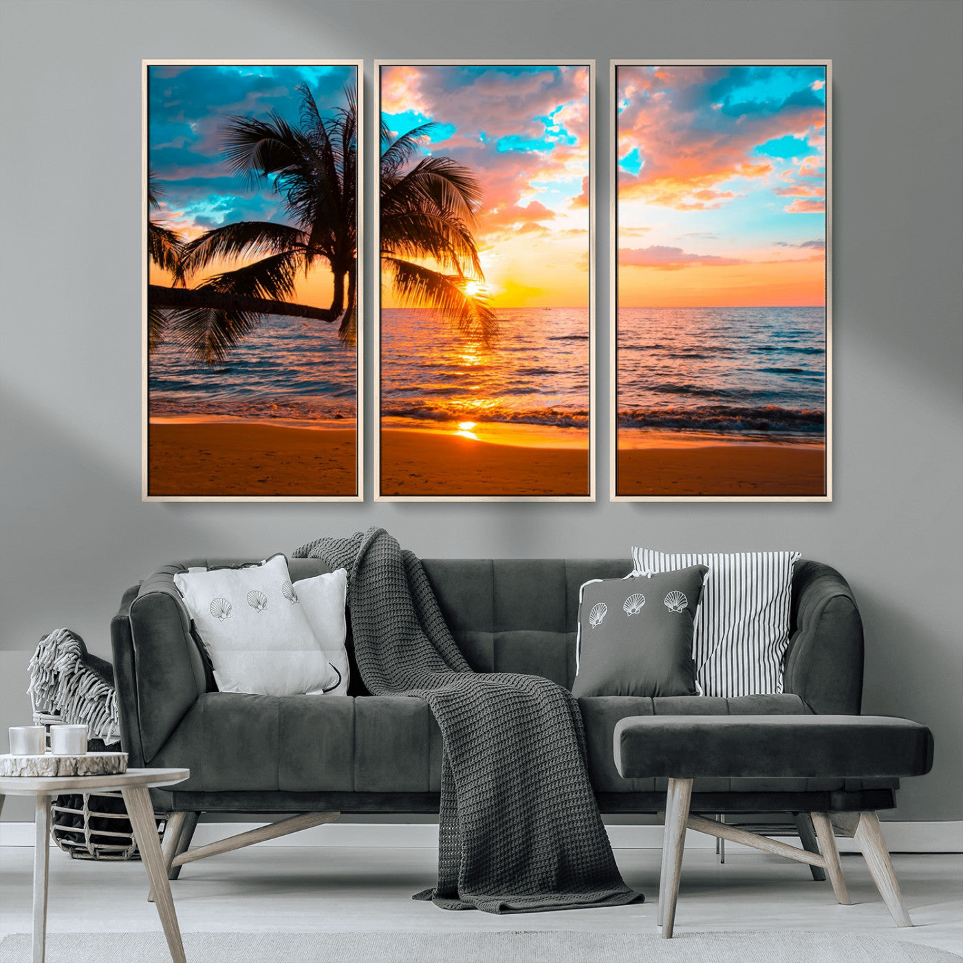 -Palm Tree Sunset On The Beach Wall Art Canvas, Framed Palm Tree Sunset Canvas Print