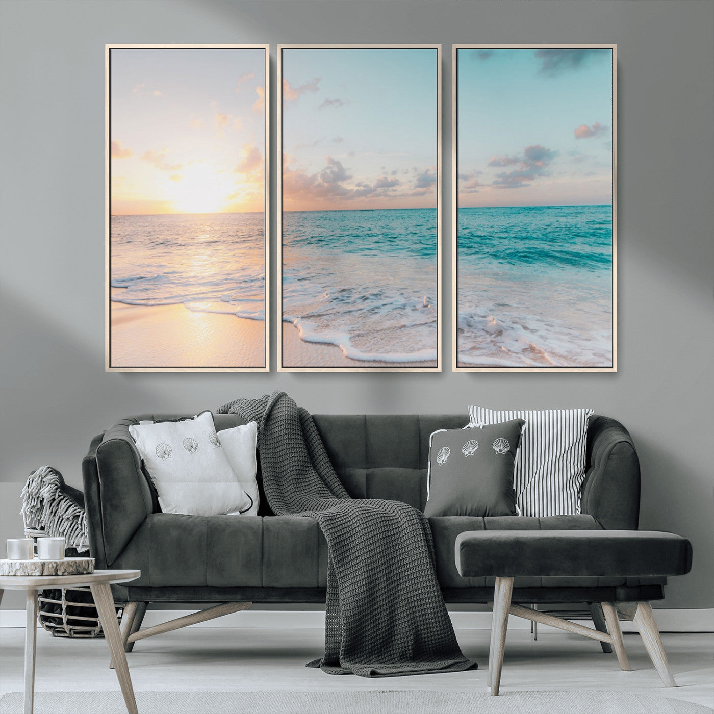MGV-FC-48X32-3P - Tranquil Ocean Beach Sunset Canvas Wall Art | 3-Panel Coastal Decor