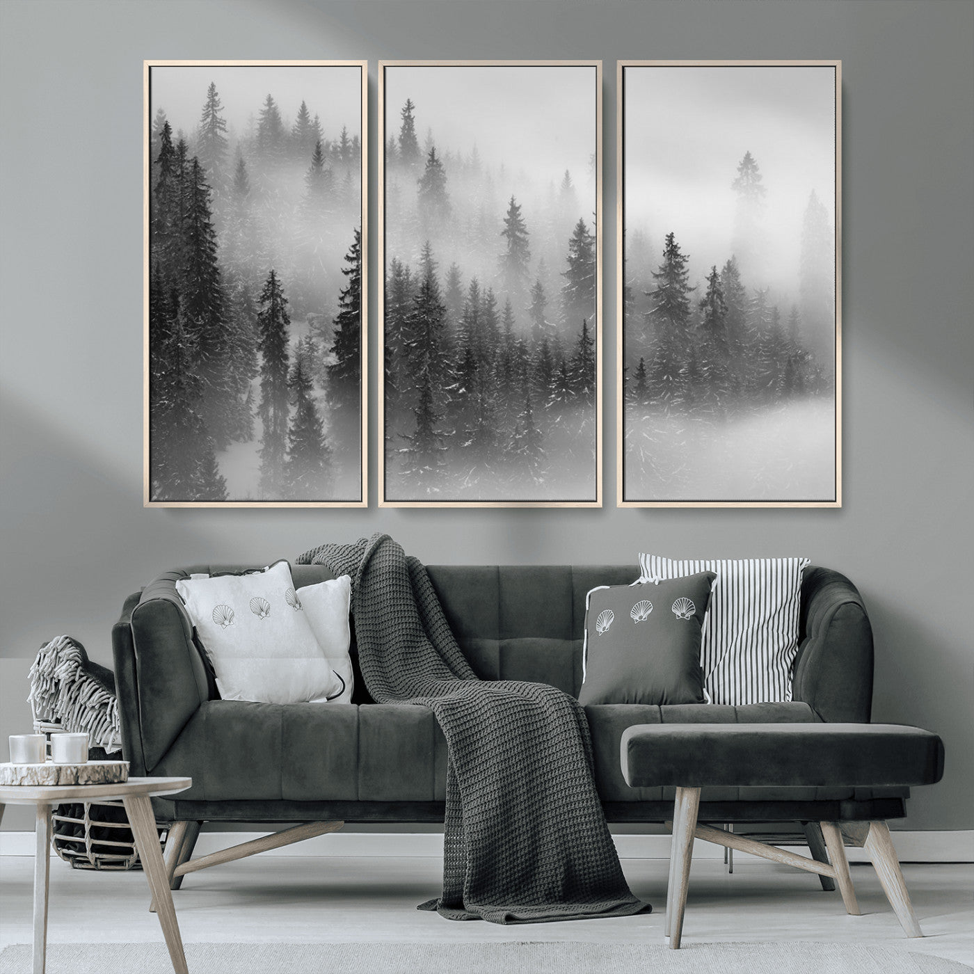 MGV-FC-48X32-3P - Black and White Forest Wall Art Print – Misty Pine Tree Canvas Print – Winter Woodland Nature Artwork – Perfect for Minimalist Home Decor