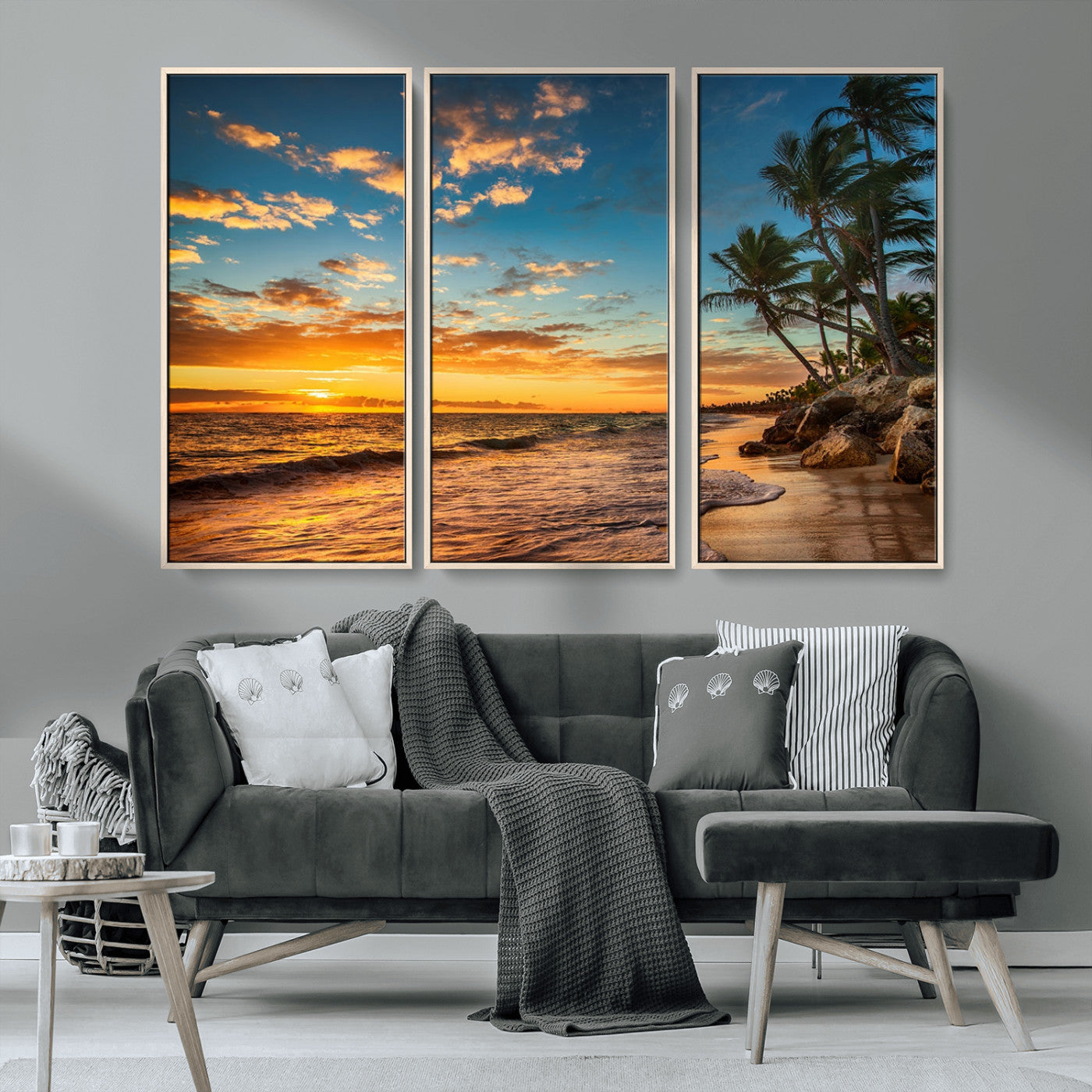 MGV-FC-48X32-3P - Tropical Beach Sunset Wall Art Print – Palm Tree Coastal Canvas Print – Ocean Seascape Artwork – Perfect for Tropical Modern Home Decor
