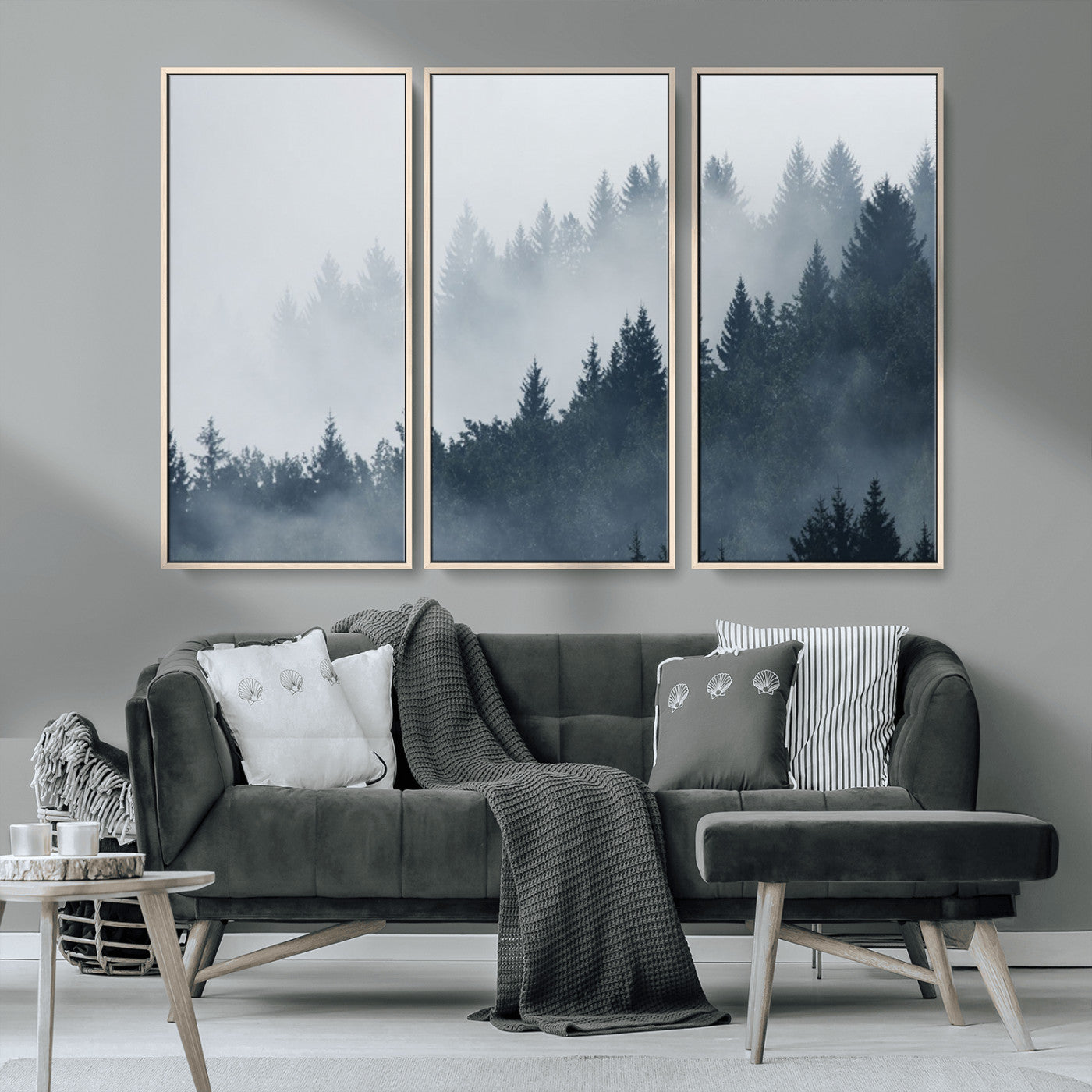 MGV-FC-48X32-3P - Misty Forest Wall Art Print – Foggy Pine Tree Canvas Print – Dark Woodland Nature Artwork – Perfect for Minimalist and Modern Home Decor
