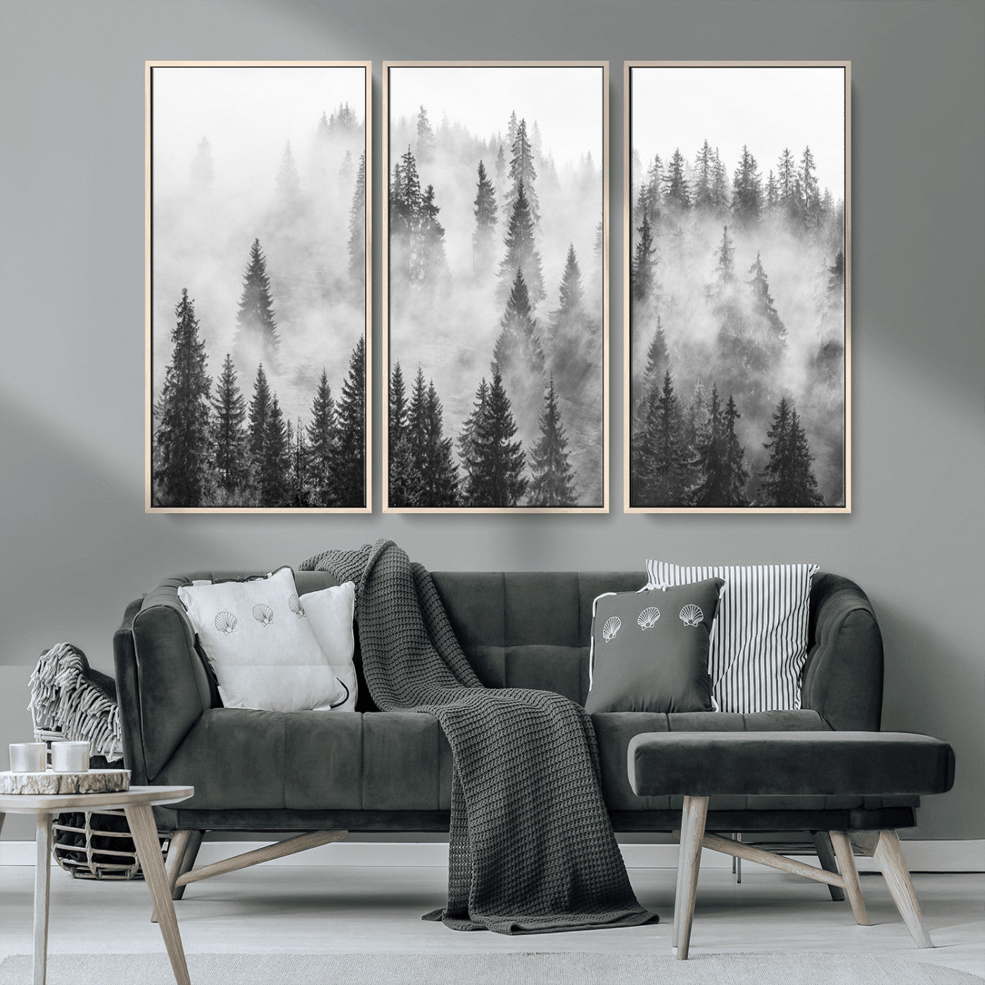 MGV-FC-48X32-3P - Forest Wall Art Print | Foggy Pine Forest Canvas Wall Art - Black and White Nature Decor for Living