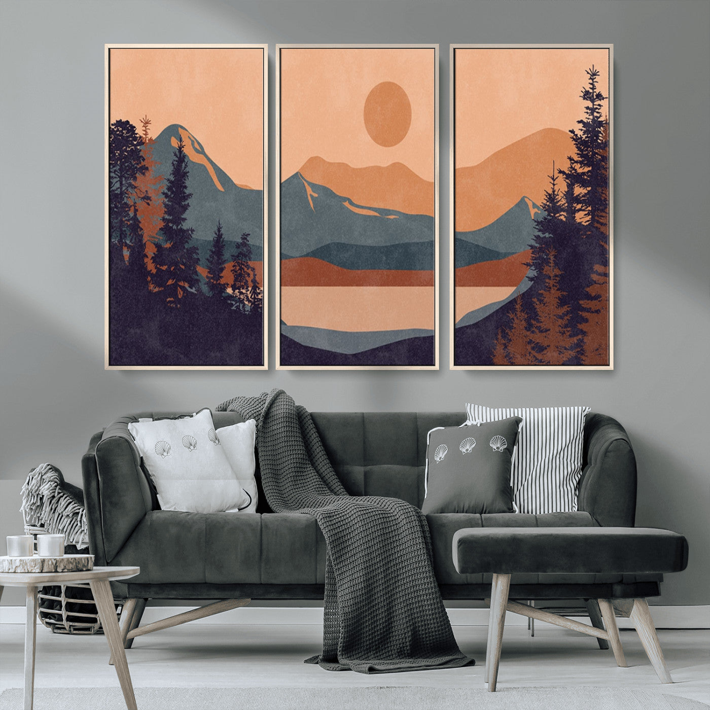 MGV-FC-48X32-3P - Modern Boho Sunset Canvas Print, Mountain Landscape Triptych – Giclée Canvas Art Print for Living