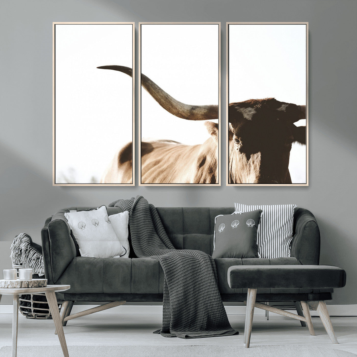 MGV-FC-48X32-3P - Texas Longhorn Wall Art Canvas Print | 3-Panel Large Longhorn Canvas Print for Living Room, Framed Gallery Wrap Office, Rustic Western Cowboy Decor