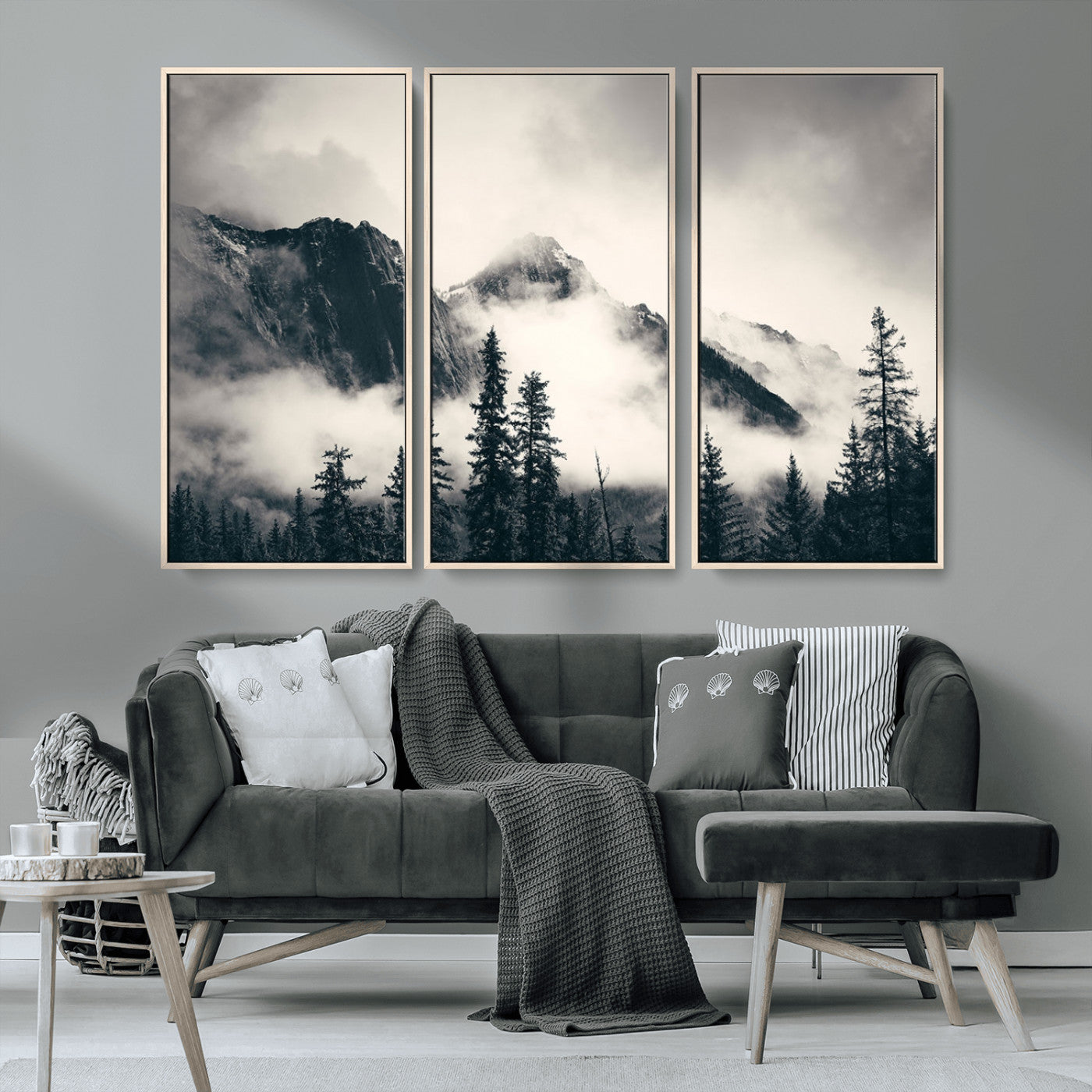 MGV-FC-48X32-3P - Forest Mountain Print - Black and White Canvas Wall Art with Misty Forest Design for Elegant and