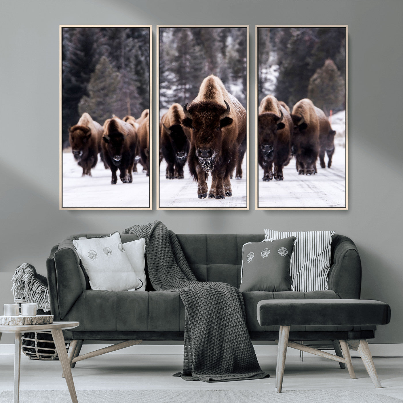MGV-FC-48X32-3P - Bison Wall Art Canvas Print- Bison Herd Canvas Wall Art – Majestic Wildlife Photography – Framed and Ready to Hang Nature-Inspired Art - Buffalo Wall Art Print