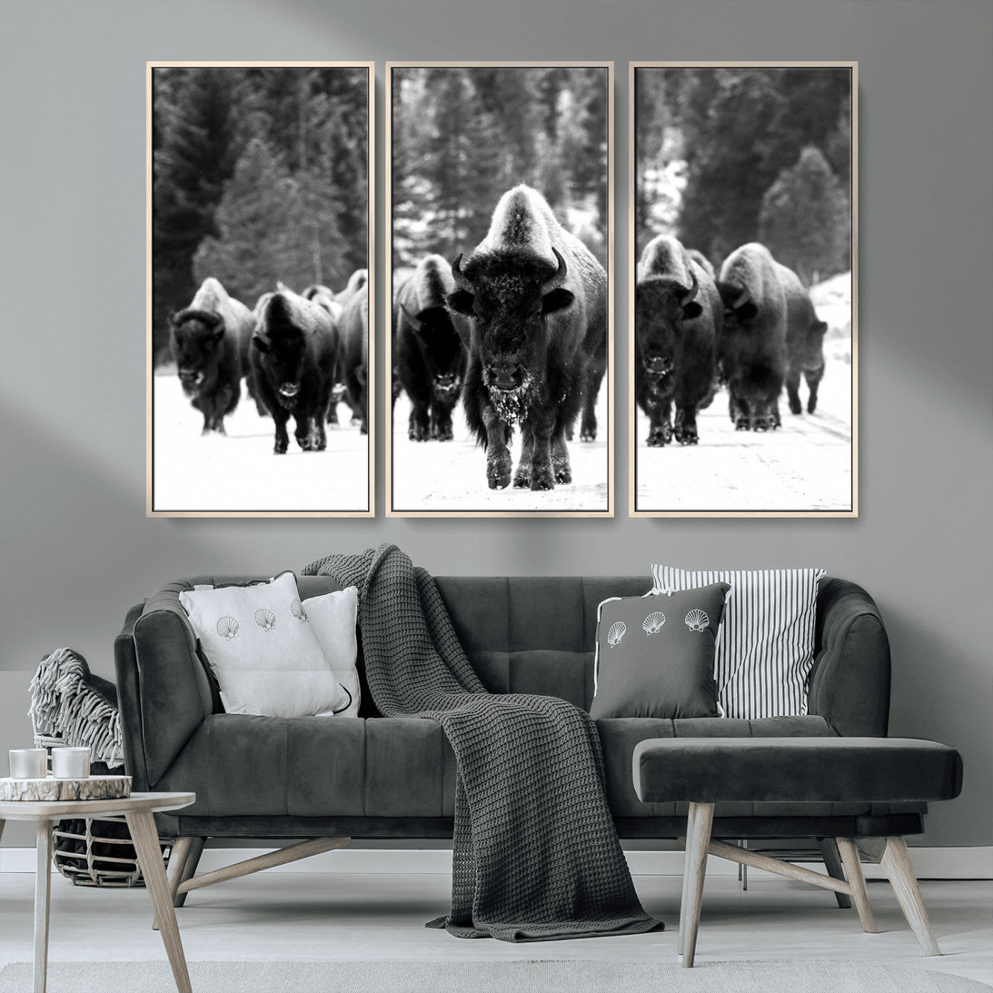 62434-MGV-CV-36X24-Bison Herd in Snow Wall Art Canvas Print | Rustic Western Bison Wall Art for Decor for Living Room,