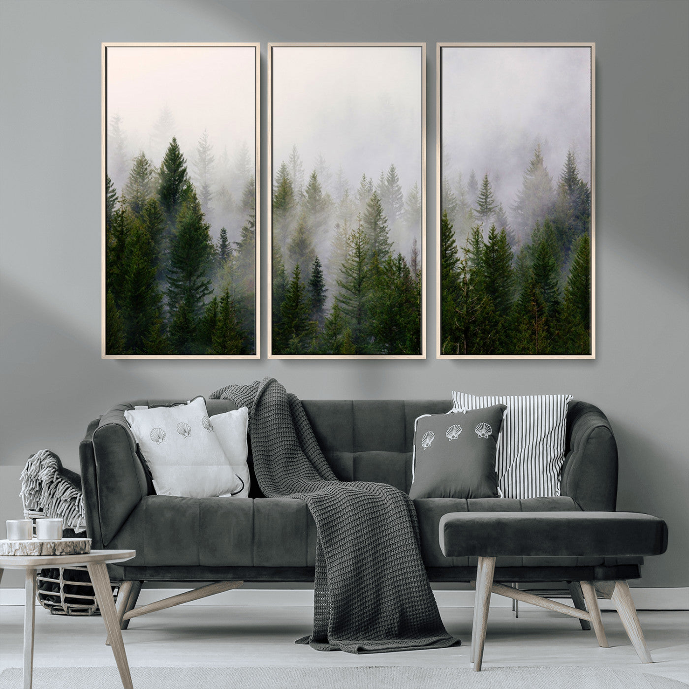 MGV-FC-48X32-3P - Misty Pine Forest Wall Art Canvas Print | 3 Panel Green Woodland Canvas Print for Living Room, Office, or Dining Room | Nature Foggy Forest Decor