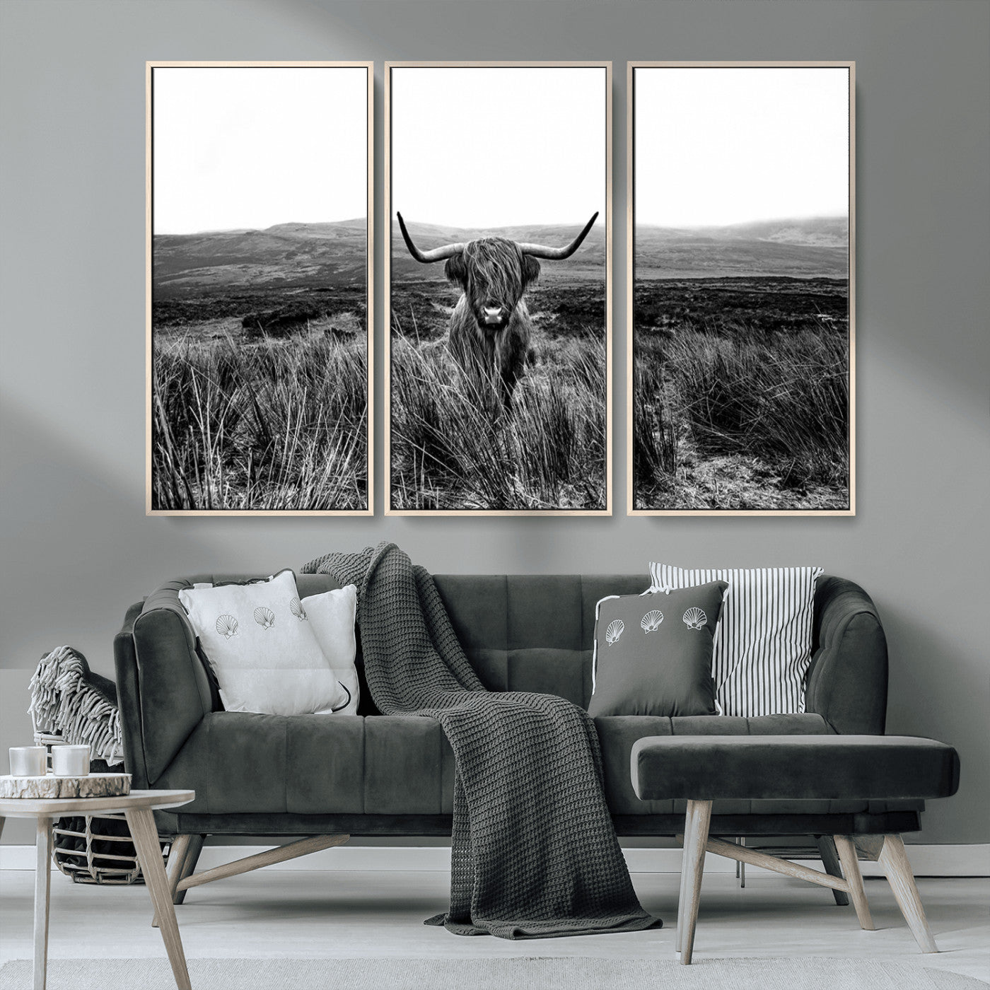 MGV-FC-48X32-3P - Black and White Highland Cow Canvas Wall Art, Longhorn Triptych Western Wall Decor for Cabin -