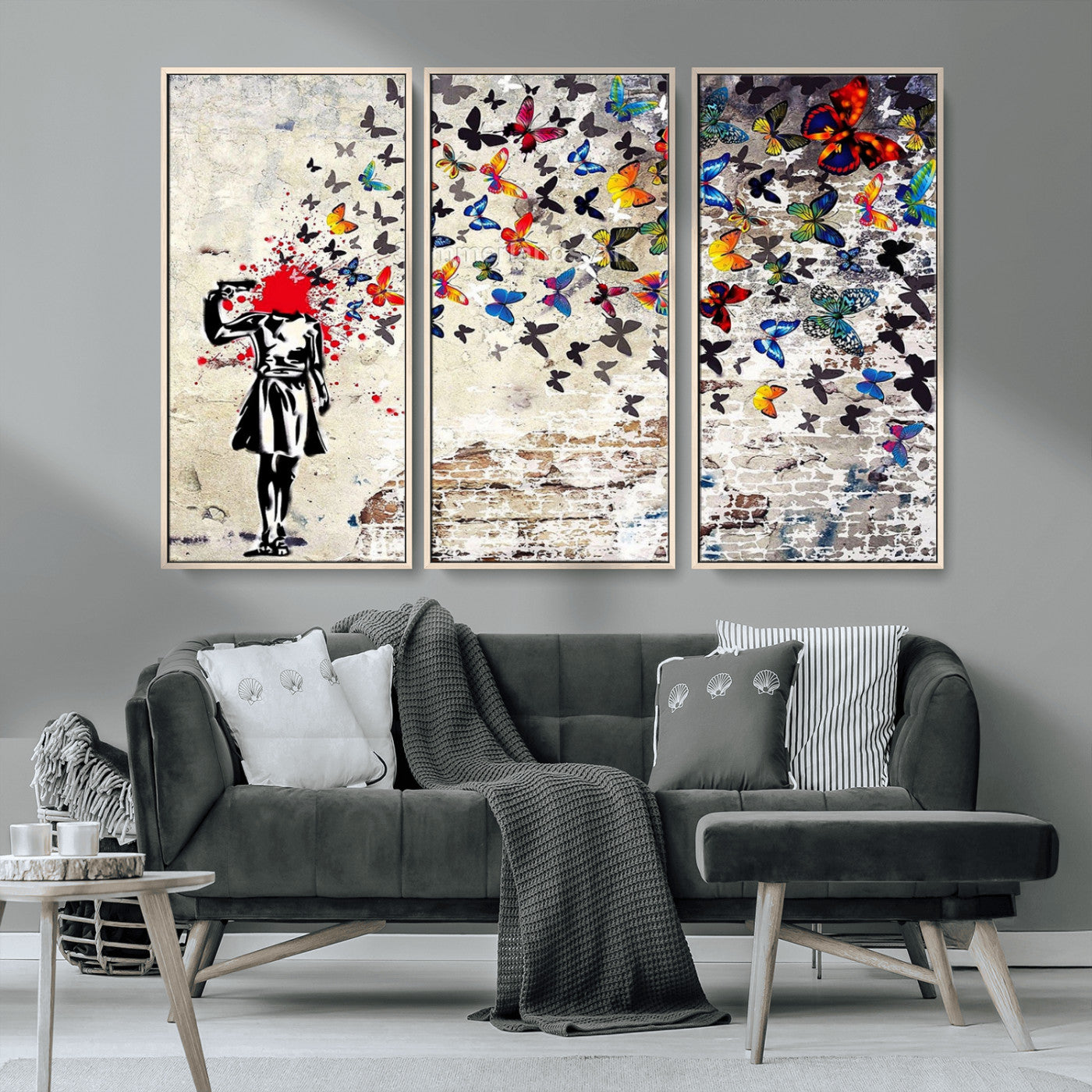 MGV-FC-48X32-3P - Banksy Art Butterfly Girl Explosion Canvas Art – Vibrant Urban Graffiti for Modern Interiors - Ready to Hang