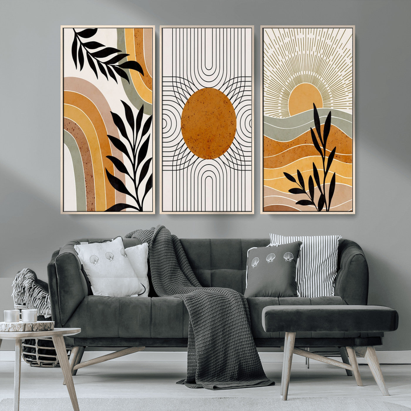 MGV-FC-48X32-3P - Modern Boho Sun and Leaf Abstract Art – 3-Panel Giclée Canvas for Mid-Century Modern or Bohemian